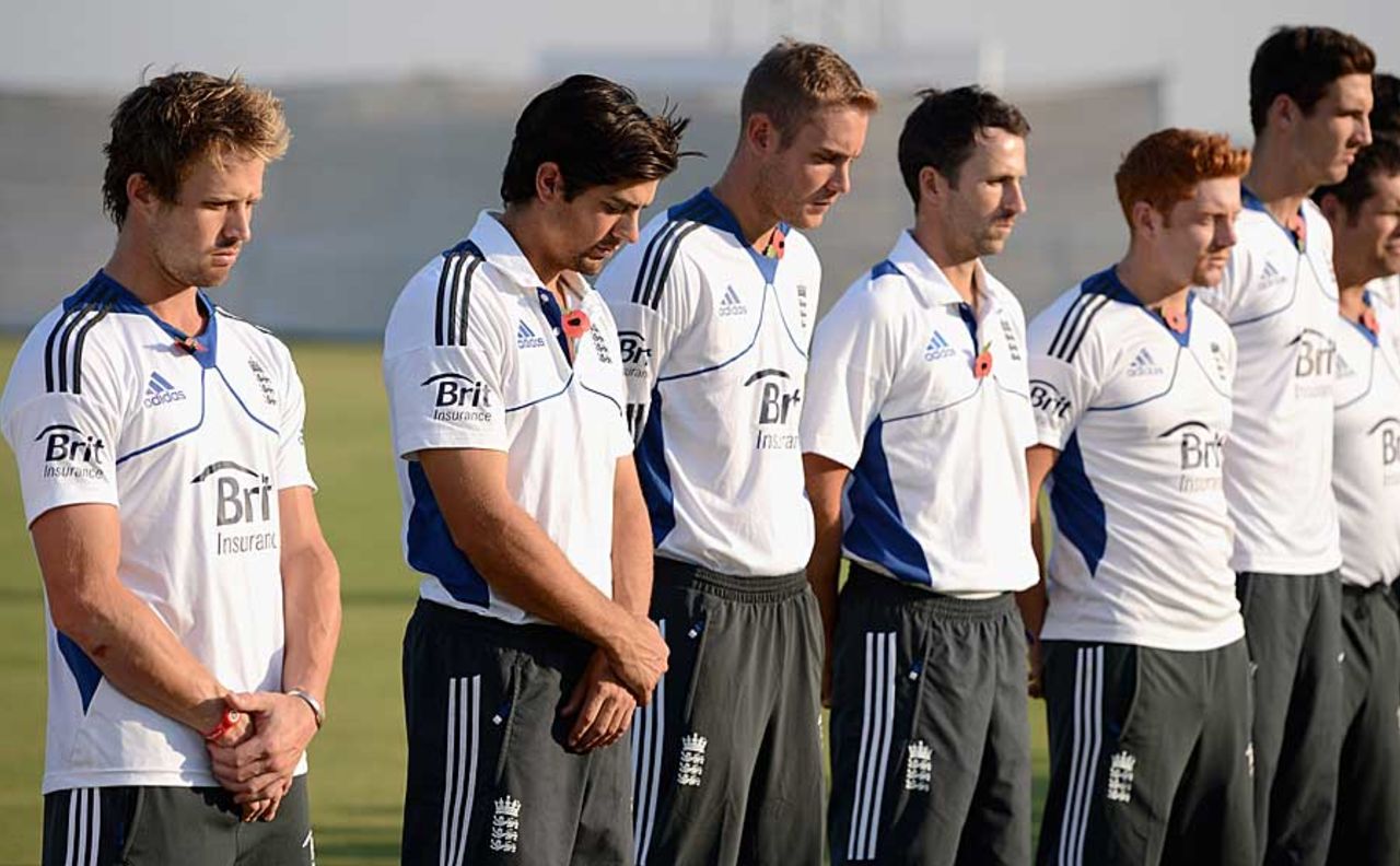England players observe a minute's silence on Remembrance Day, Haryana v England XI, Ahmedabad, 3rd day, November 11, 2011