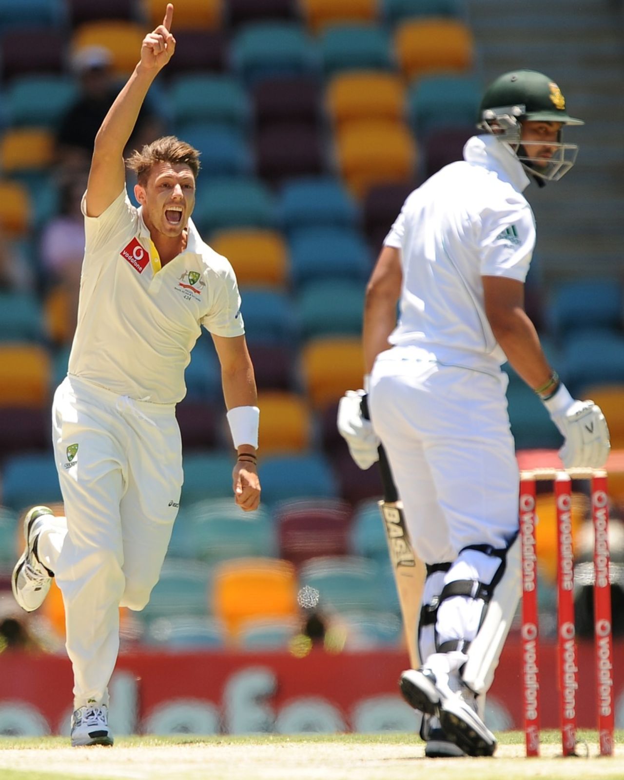 James Pattinson dismisses Alviro Petersen, Australia v South Africa, first Test, day five, Brisbane, November 13, 2012