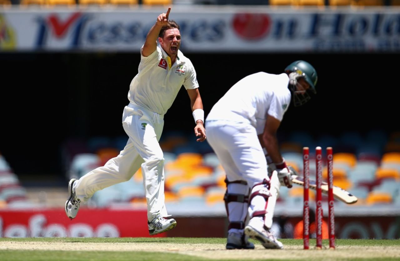 James Pattinson bowls Hashim Amla with a no-ball, Australia v South Africa, first Test, day five, Brisbane, November 13, 2012