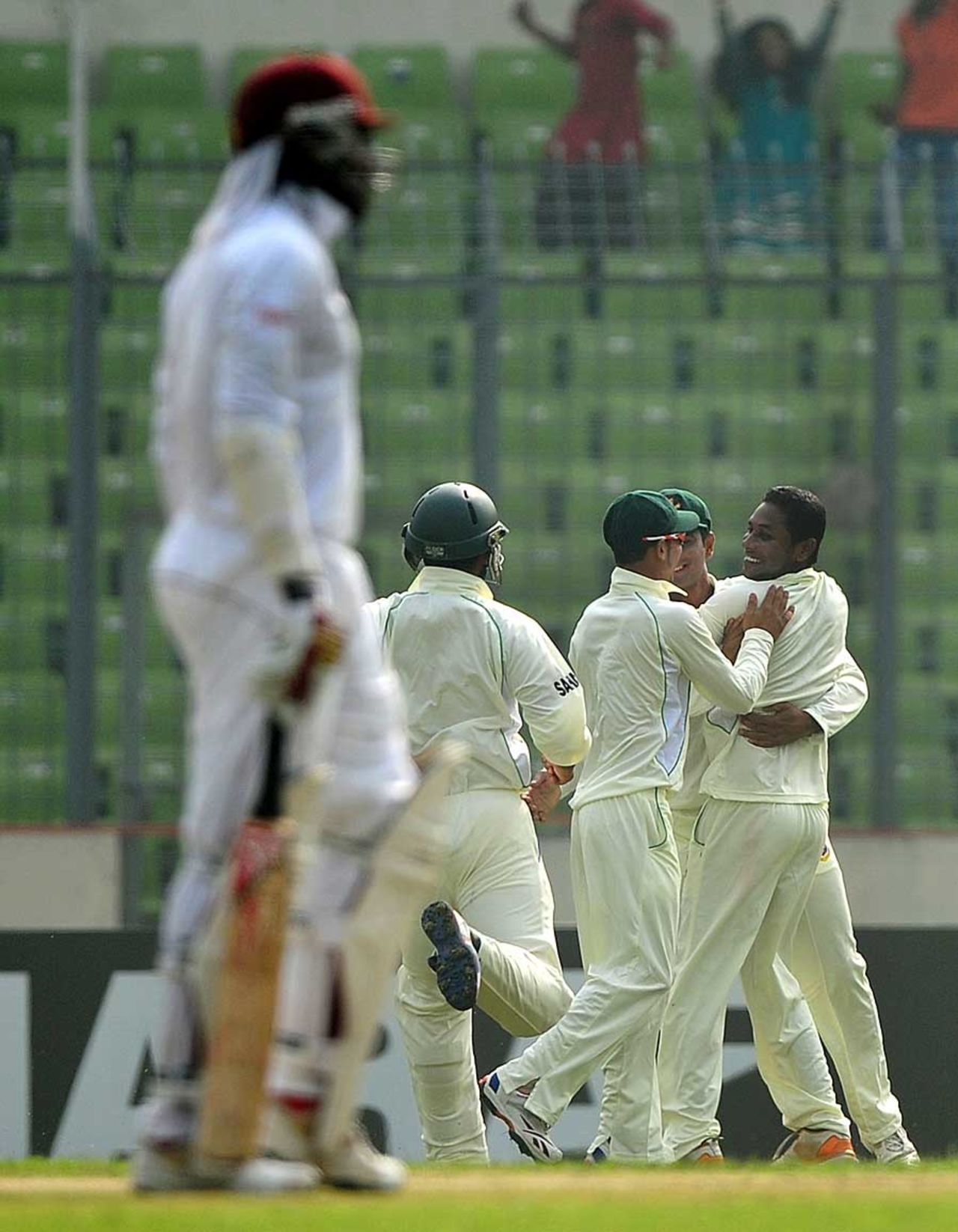 Debutant Sohag Gazi is congratulated for dismissing Chris Gayle, Bangladesh v West Indies, 1st Test, Mirpur, 1st day, November 13, 2012
