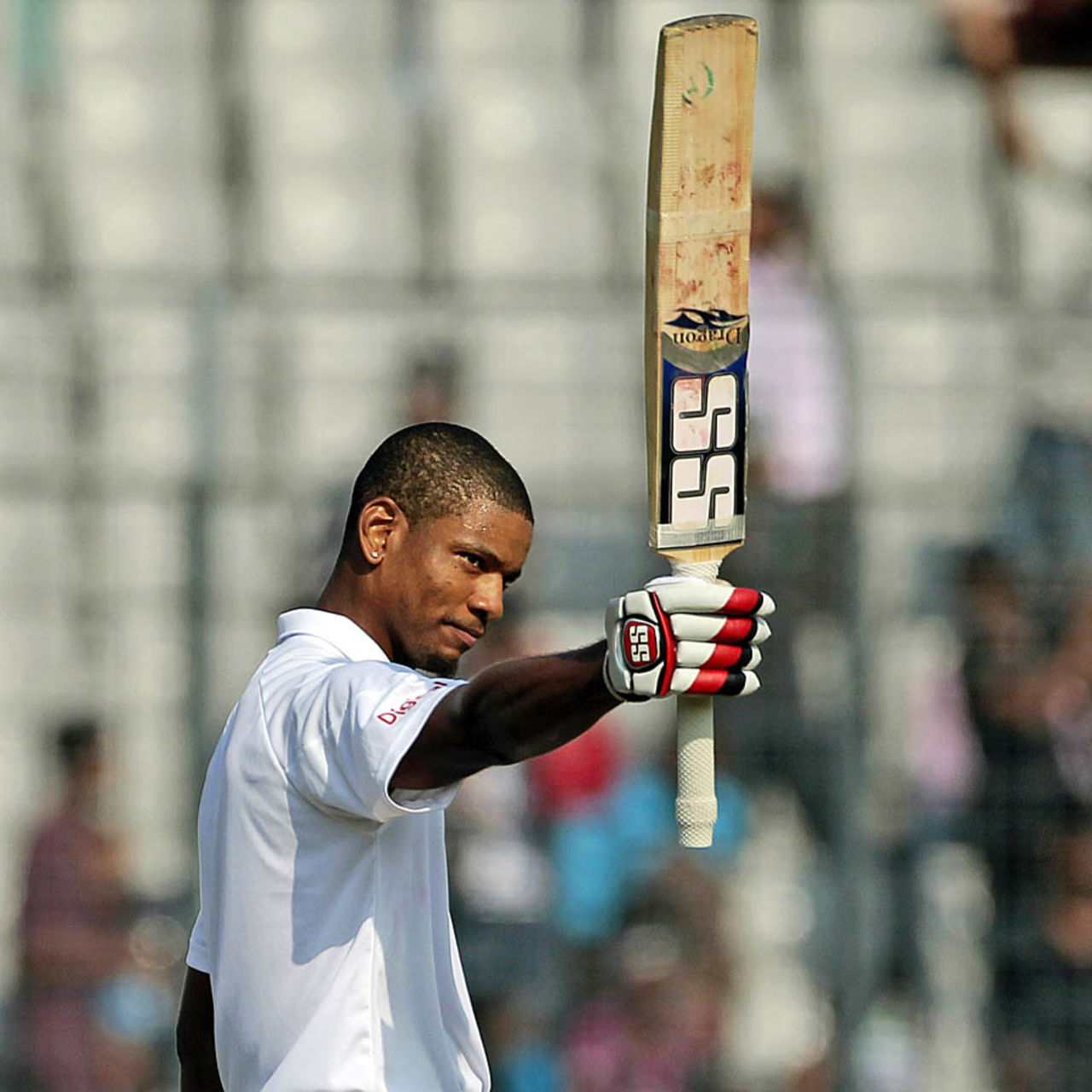 Kieran Powell celebrates his century, Bangladesh v West Indies, 1st Test, Mirpur, 1st day, November 13, 2012