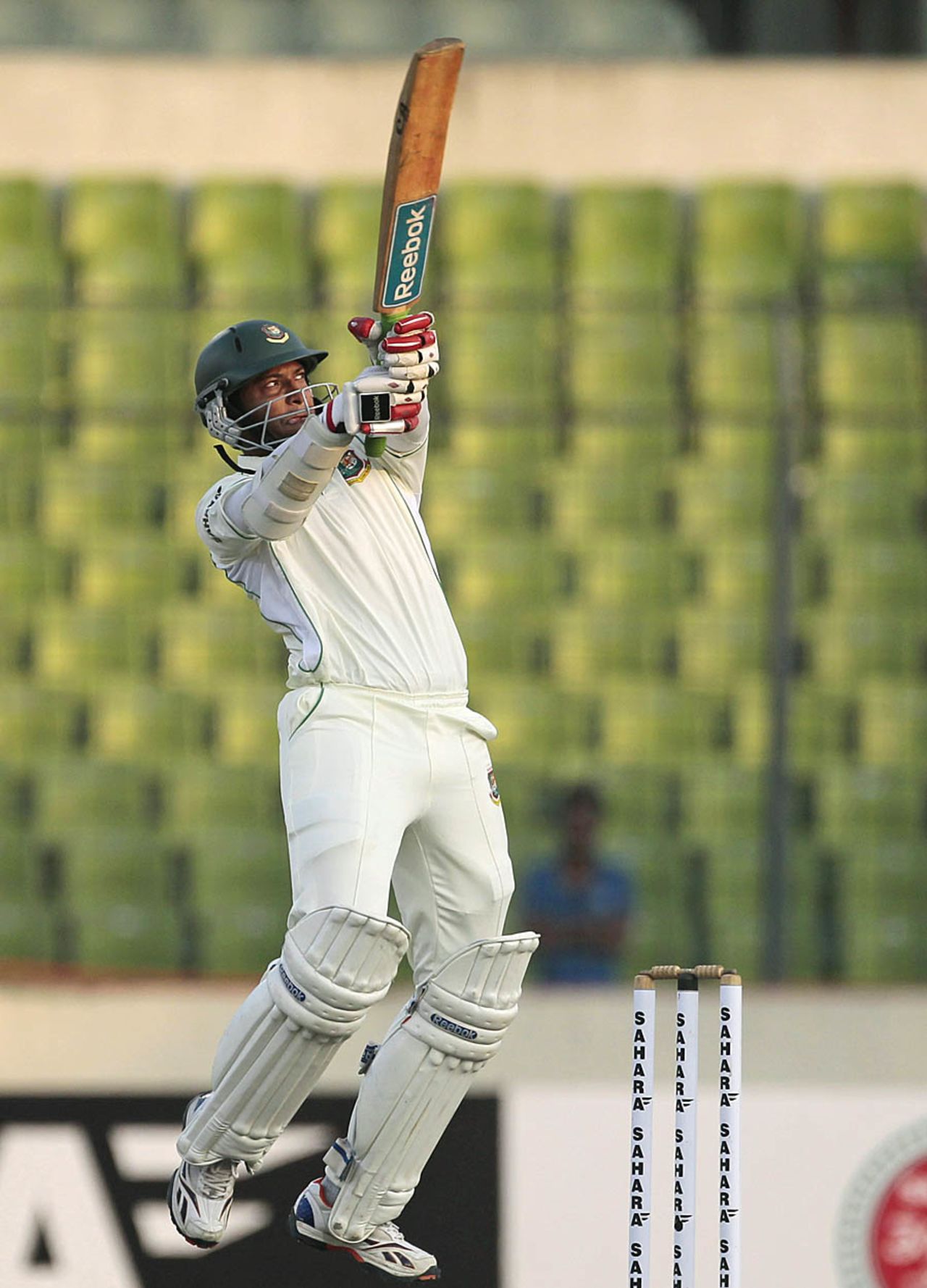 Shakib Al Hasan jumps to play the upper cut, Bangladesh v West Indies, 1st Test, Mirpur, 2nd day, November 14, 2012