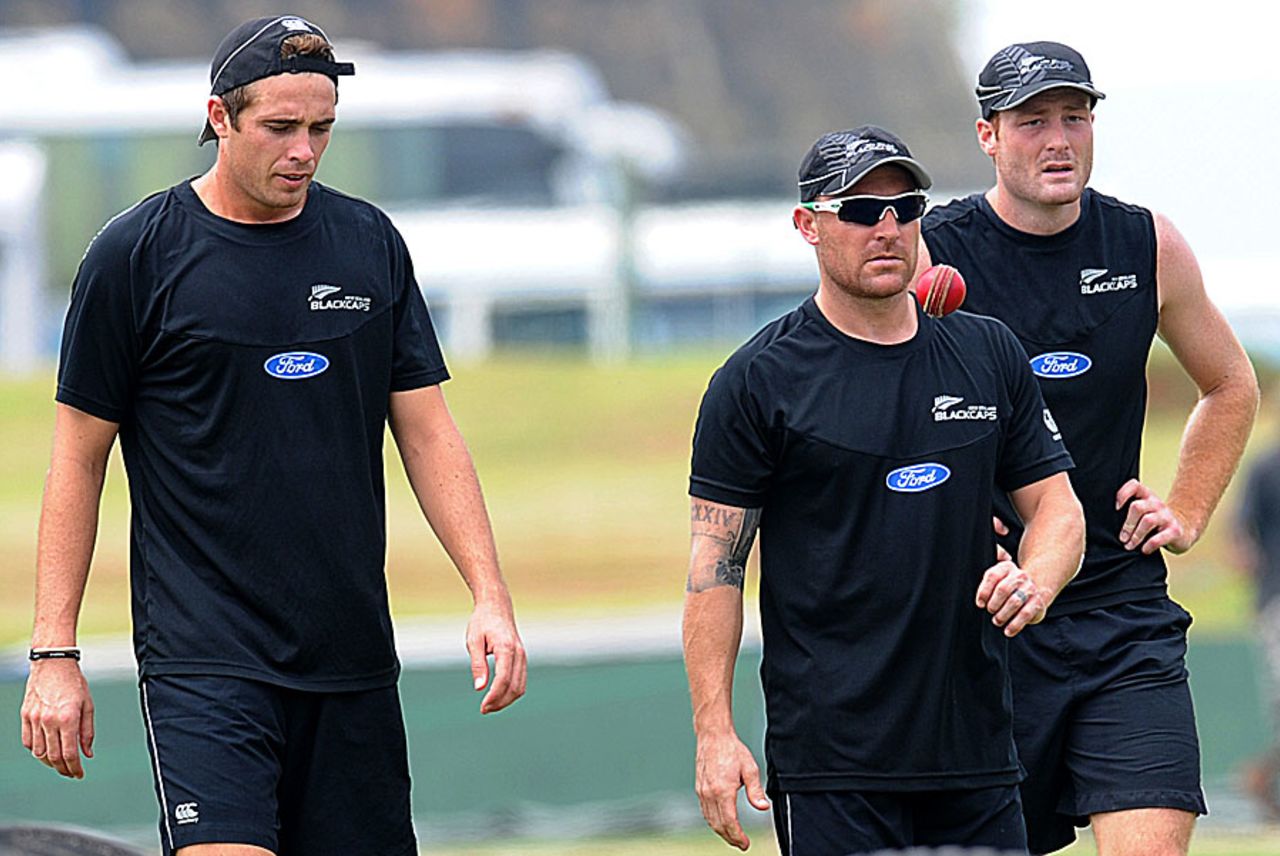 Tim Southee, Brendon McCullum and Martin Guptill at a training session, Galle, November 15, 2012