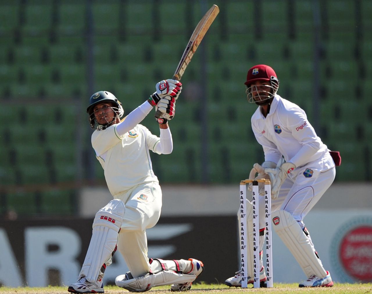 Nasir Hossain slams one over midwicket, Bangladesh v West Indies, 1st Test, Mirpur, 4th day, November 16, 2012