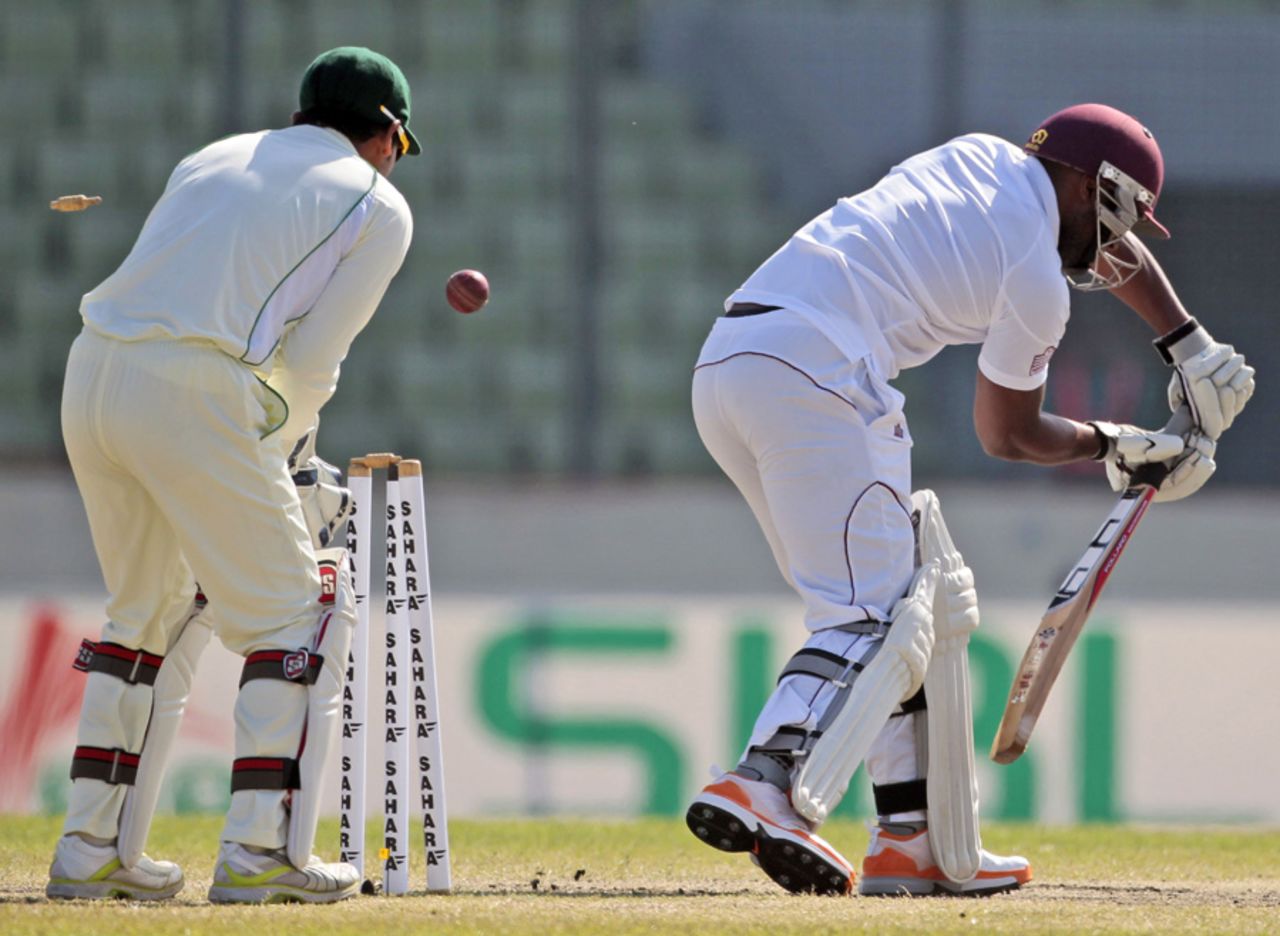 Tino Best is bowled, Bangladesh v West Indies, 1st Test, Mirpur, 5th day, November 17, 2012