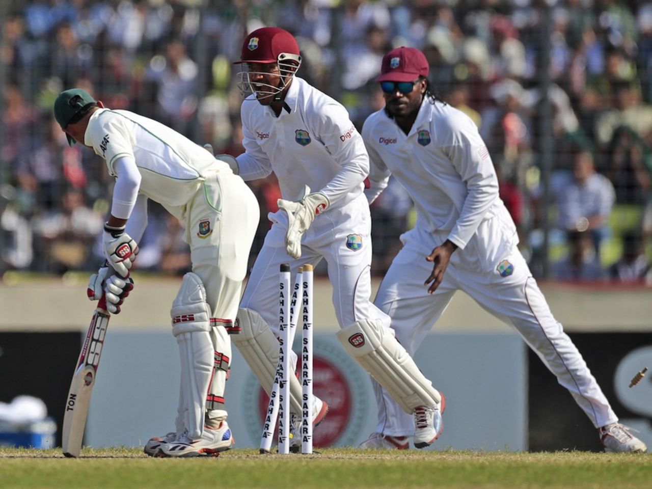 Nasir Hossain was bowled for 21, Bangladesh v West Indies, 1st Test, Mirpur, 5th day, November 17, 2012