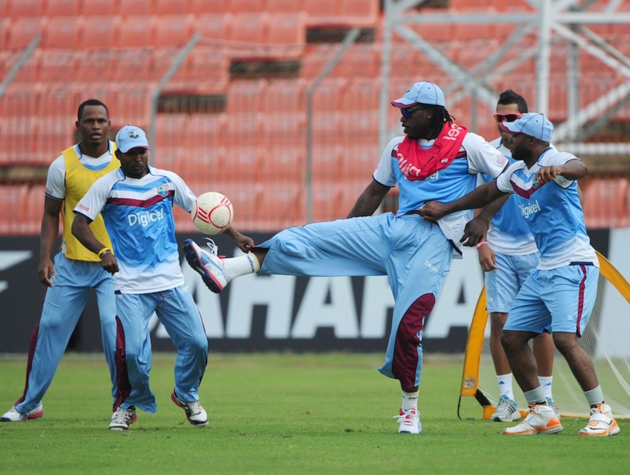 West Indies players warm-up with a game of football, Khulna, November 20, 2012