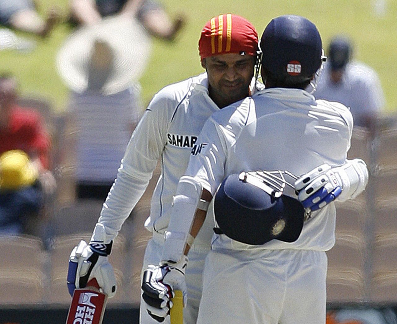 Virender Sehwag is congratulated by Sachin Tendulkar, Australia v India, 4th Test, Adelaide, 5th day, January 28, 2008
