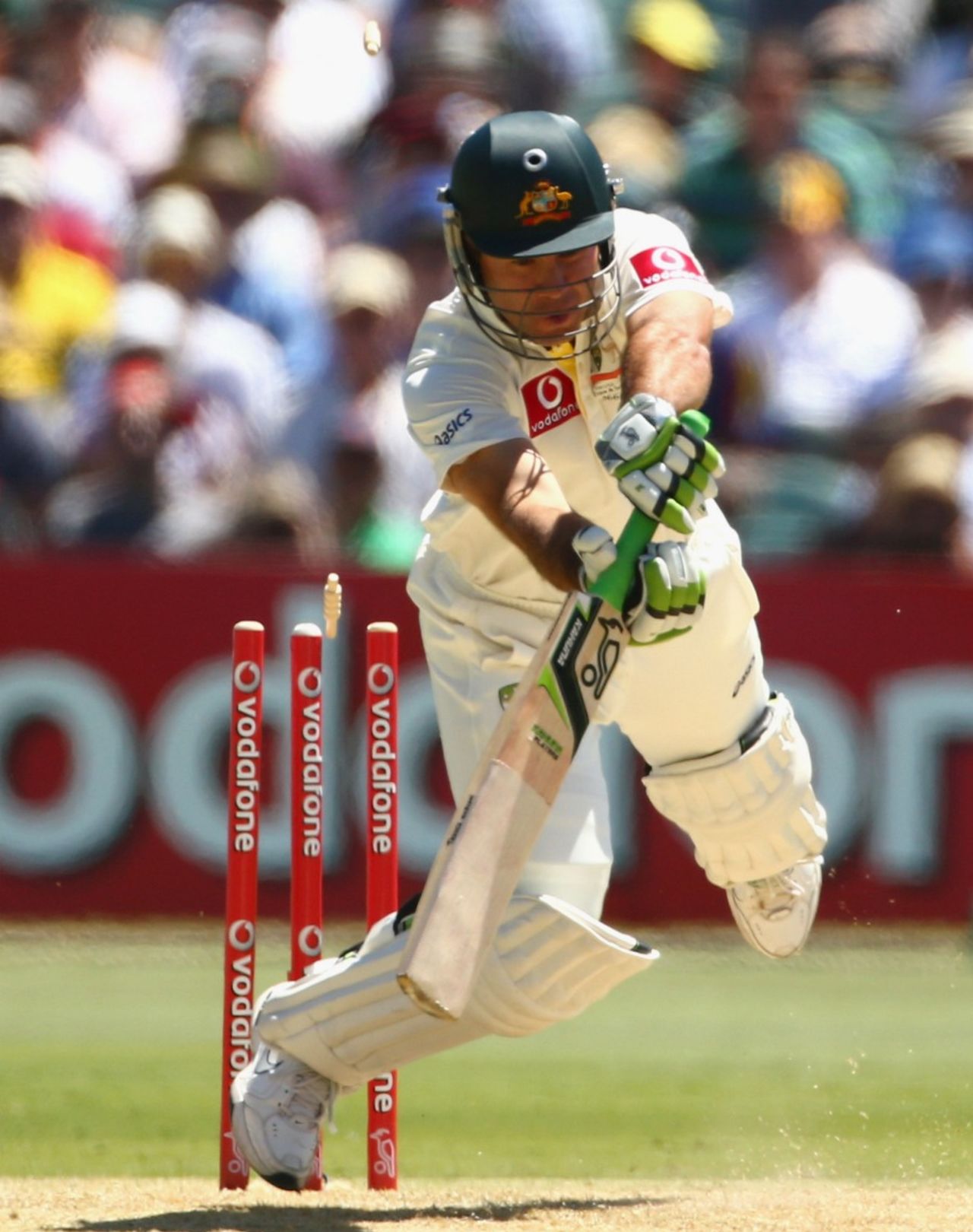 Ricky Ponting loses his footing, and his off stump, Australia v South Africa, 2nd Test, Adelaide, 1st day, November 22, 2012
