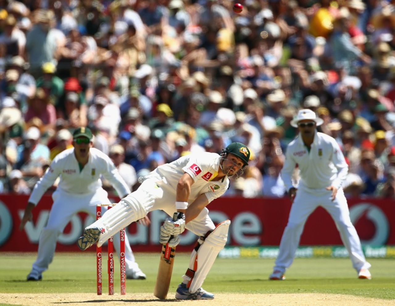 Ed Cowan jams down on a yorker to be caught and bowled, Australia v South Africa, 2nd Test, Adelaide, 1st day, November 22, 2012
