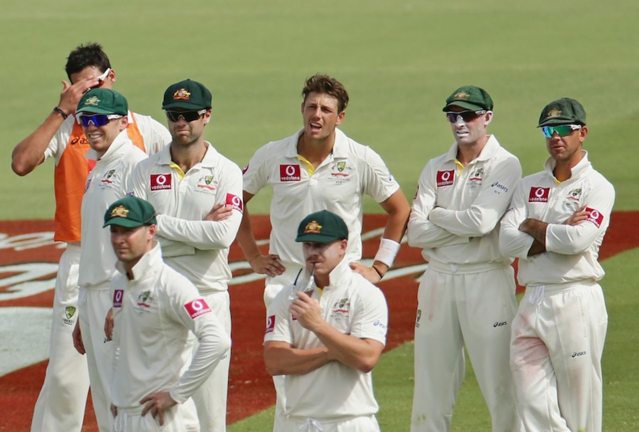 The Australians watch as the umpire overturns his decision to give Graeme Smith caught behind to James Pattinson, Australia v South Africa, 2nd Test, Adelaide, 2nd day, November 23, 2012