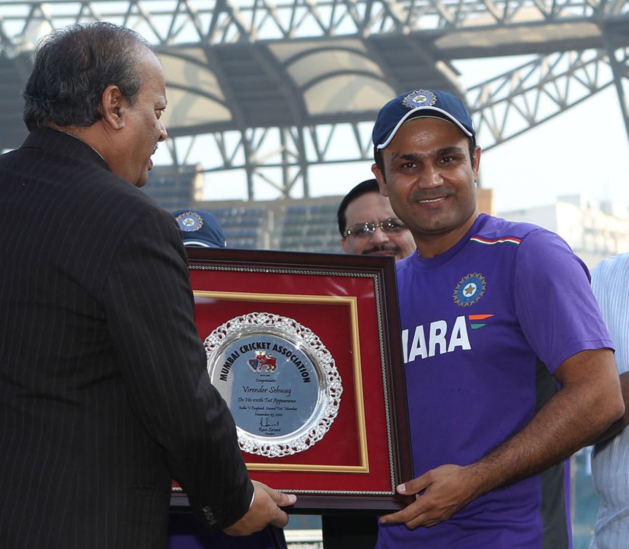 Virender Sehwag is felicitated on the morning of his 100th Test, India v England, 2nd Test, Mumbai, 1st day, November 23, 2012