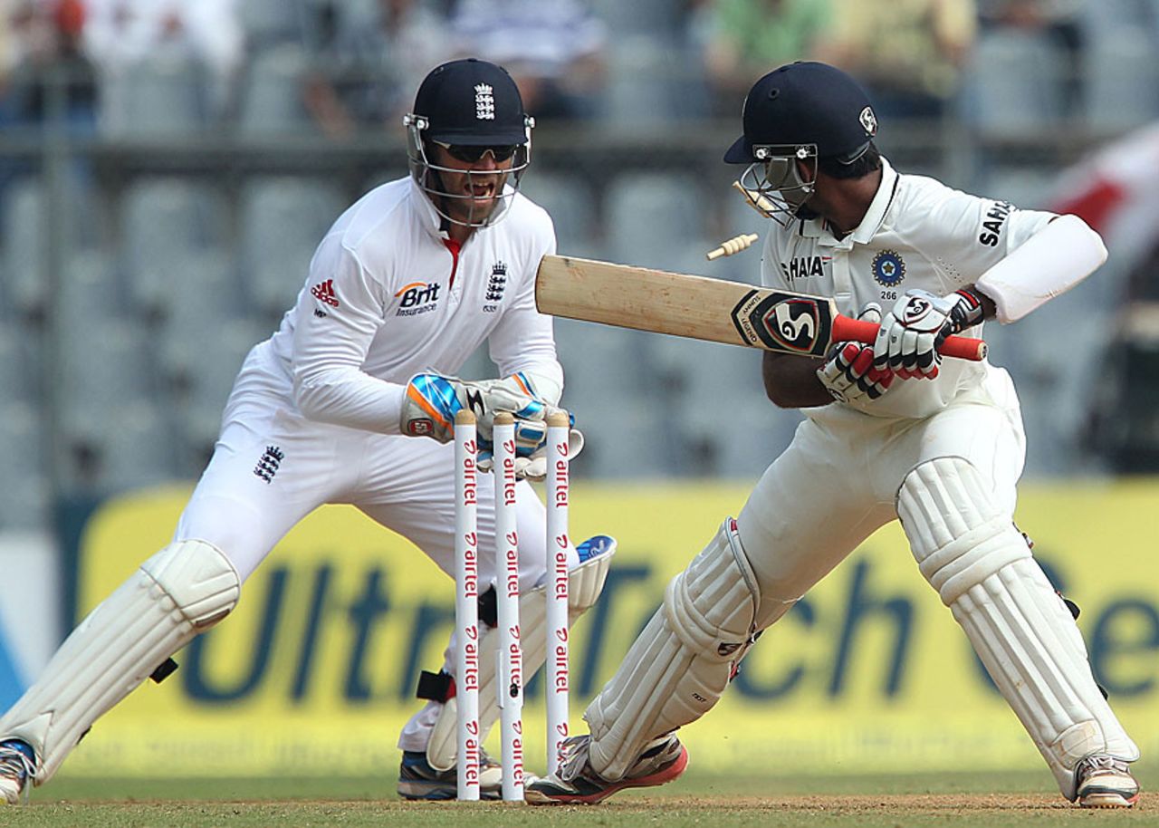 Cheteshwar Pujara is stumped by Matt Prior, India v England, 2nd Test, Mumbai, 2nd day, November 24, 2012