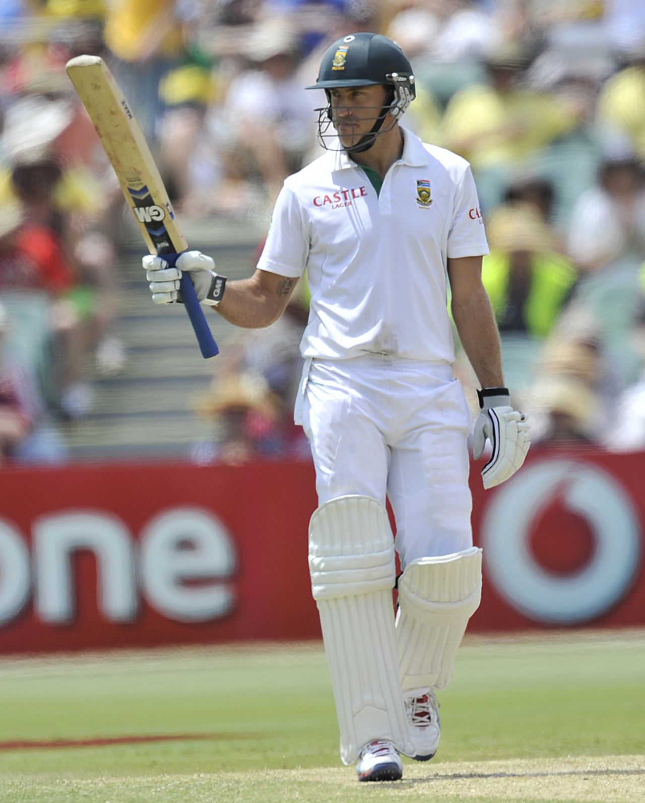 Faf du Plessis raises his bat after reaching a half-century, Australia v South Africa, 2nd Test, Adelaide, 3rd day, November 24, 2012