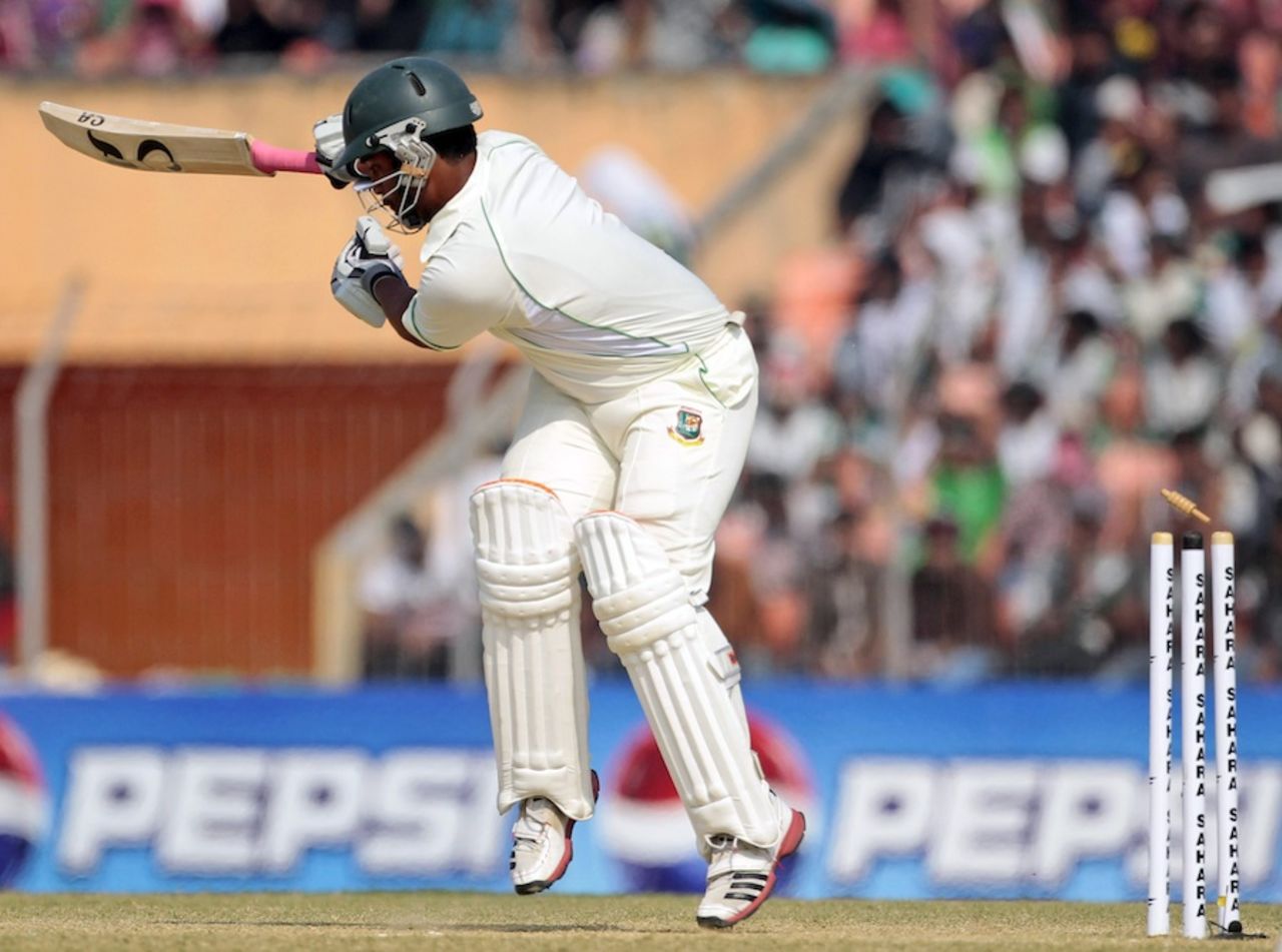 Tamim Iqbal was bowled for 28, Bangladesh v West Indies, 2nd Test, Khulna, 4th day, November 24, 2012