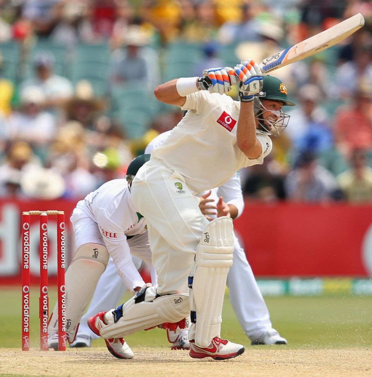 Michael Hussey drives down the ground, Australia v South Africa, 2nd Test, Adelaide, 4th day, November 25, 2012