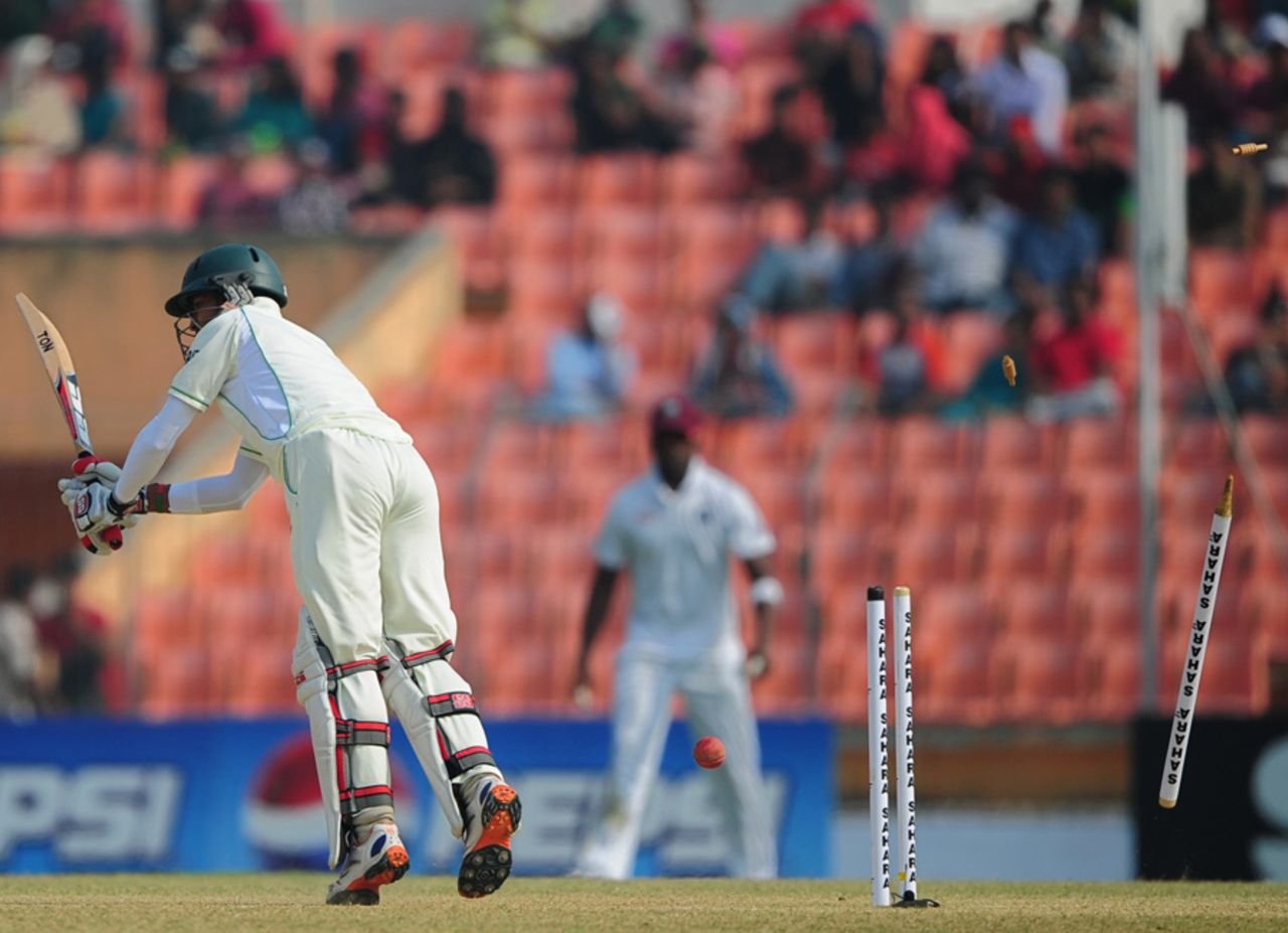 Nasir Hossain is bowled by Tino Best for 94, Bangladesh v West Indies, 2nd Test, Khulna, 5th day, November 25, 2012