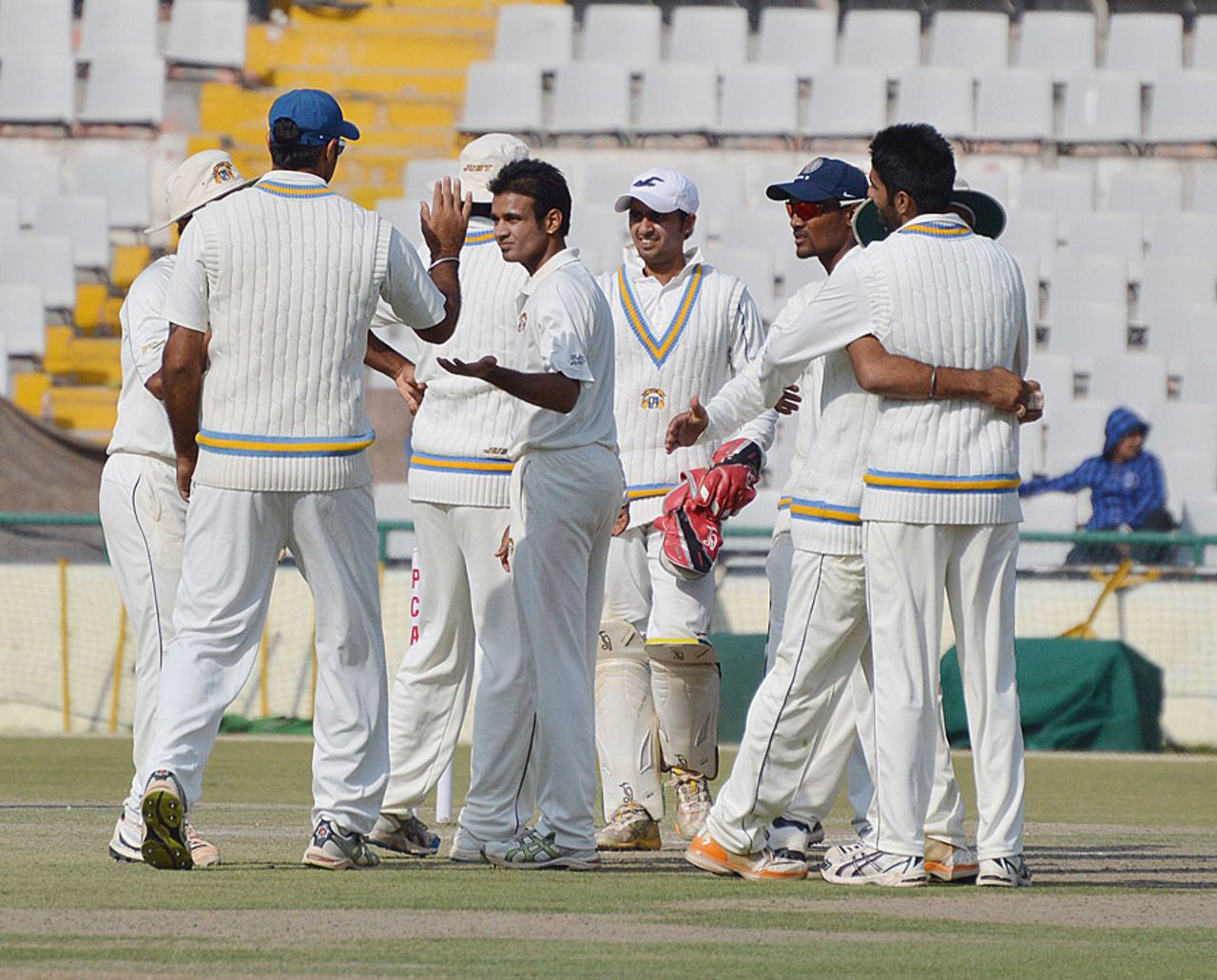 Siddarth Kaul claimed the wicket of Ravindra Jadeja, who was dismissed for a duck, Punjab v Saurashtra, Ranji Trophy, Group A, Mohali, 2nd day, November 25, 2012