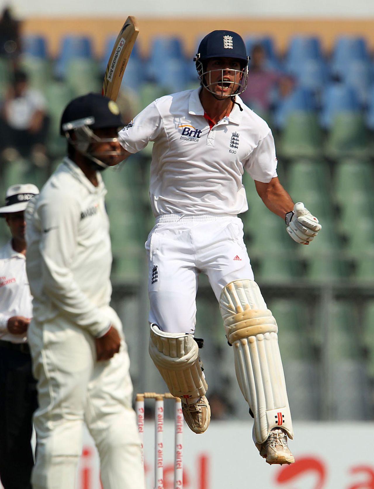 Alastair Cook leaps as the winning runs are scored, India v England, 2nd Test, Mumbai, 4th day, November 26, 2012