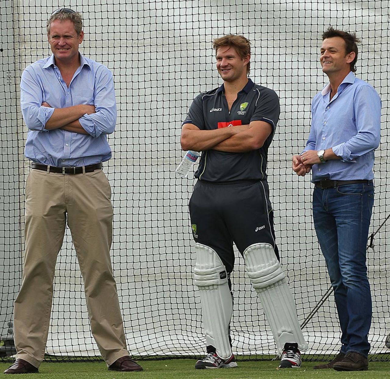 Tom Moody, Shane Watson and Adam Gilchrist at a training session, Perth, November 28, 2012