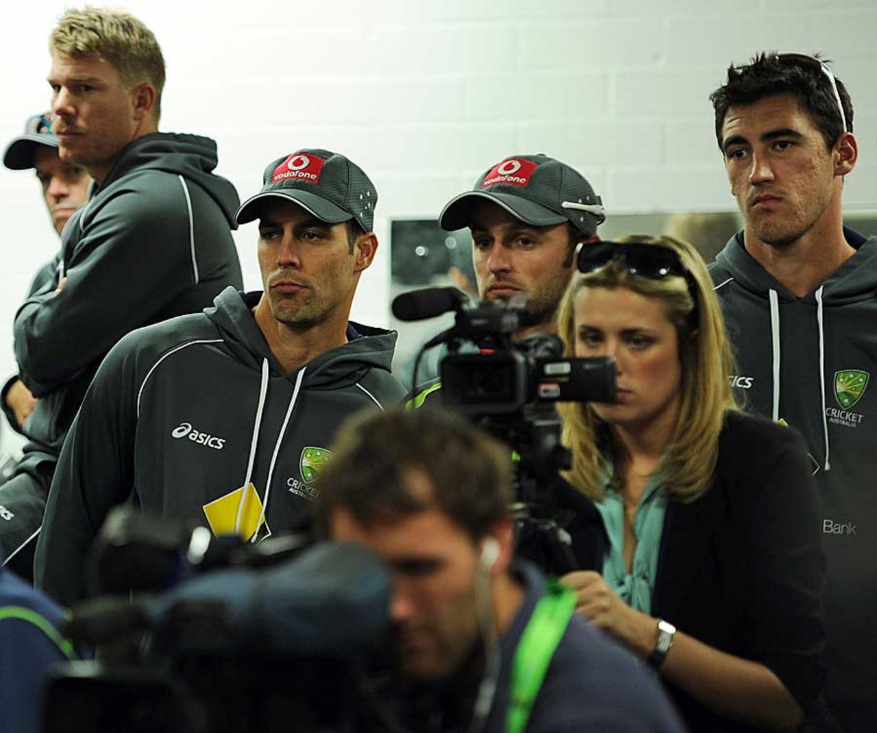 David Warner, Mitchell Johnson, Nathan Lyon and Mitchell Starc look on as Ricky Ponting announces his retirement, Perth, November 29, 2012