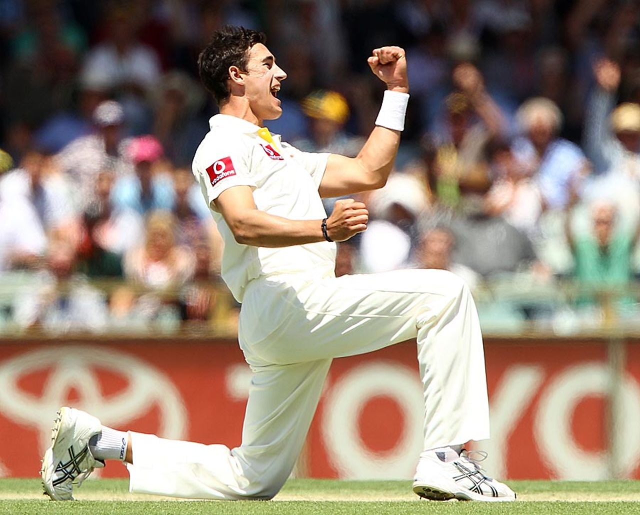 Mitchell Starc celebrates after getting Alviro Petersen bowled, Australia v South Africa, 3rd Test, Perth, 1st day, November 30, 2012