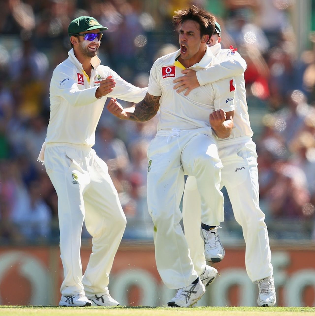 Mitchell Johnson celebrates after catching Alviro Petersen, Australia v South Africa, 3rd Test, 2nd day, Perth, December 1, 2012