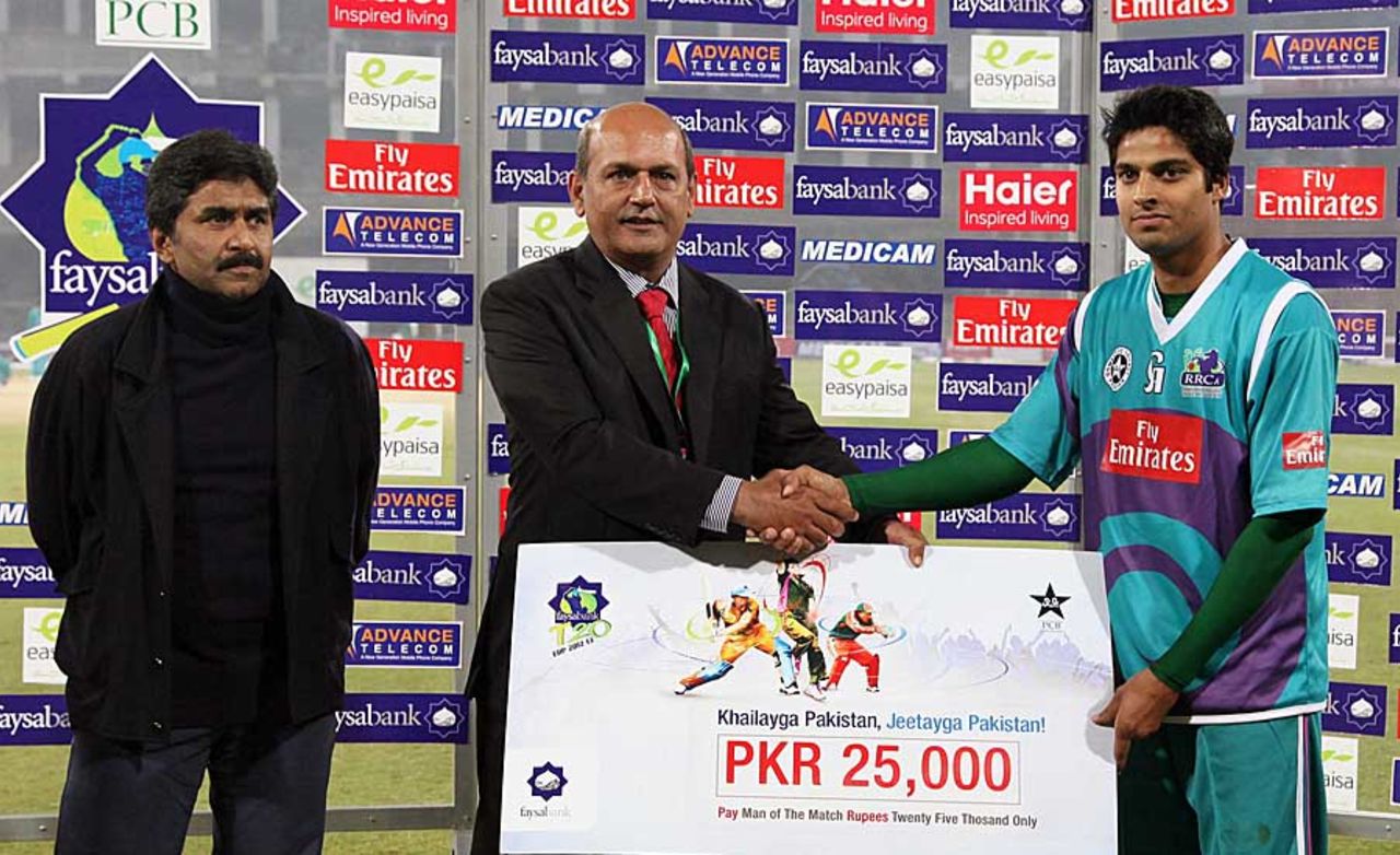 Umar Amin was adjudged the man of the match, Karachi Dolphins v Rawalpindi Rams, Faysal Bank T-20 Cup 2012-13, Lahore, December 2, 2012