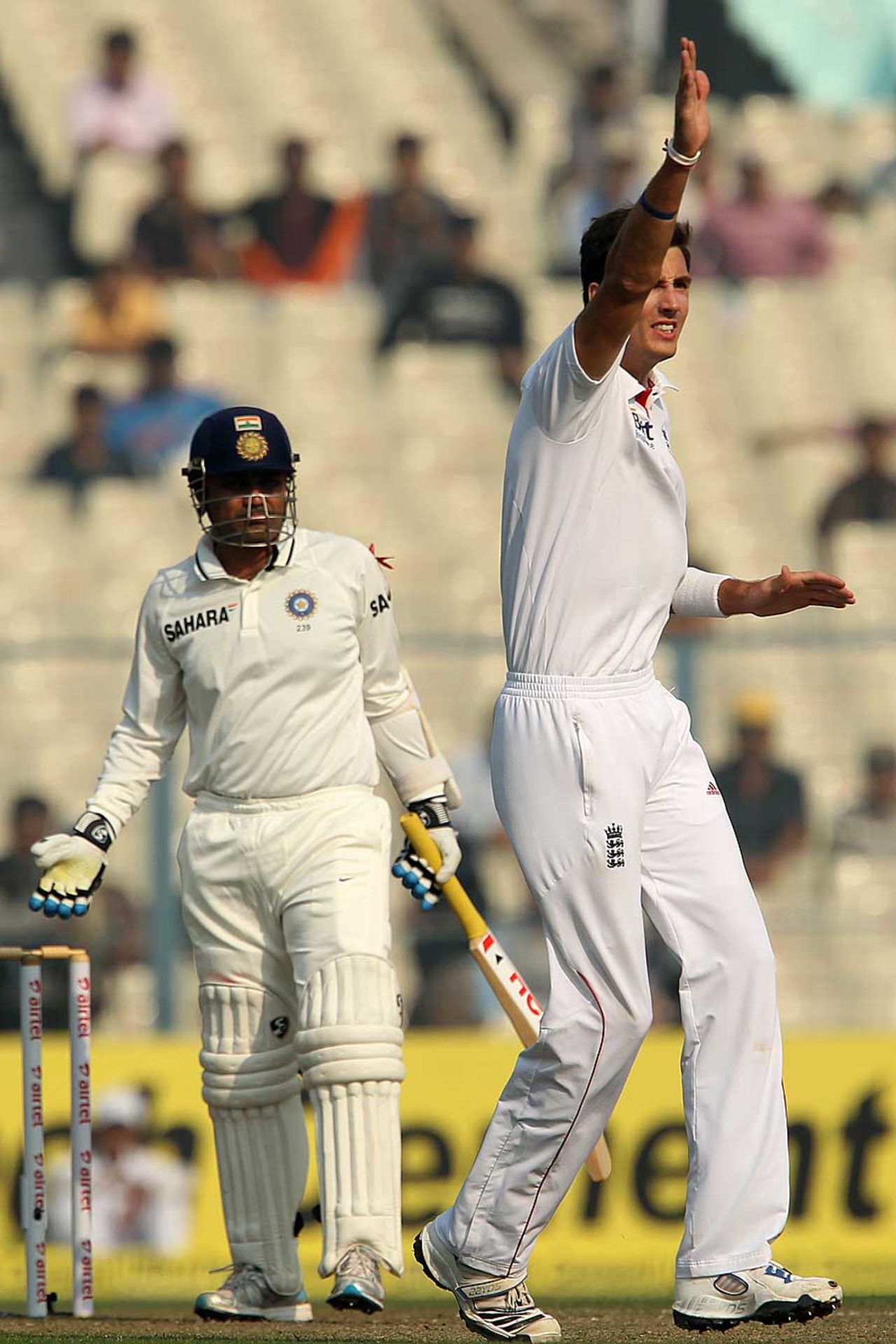 Virender Sehwag survived an appeal from Steven Finn but was eventually run out, India v England, 3rd Test, Kolkata, 1st day, December 5, 2012