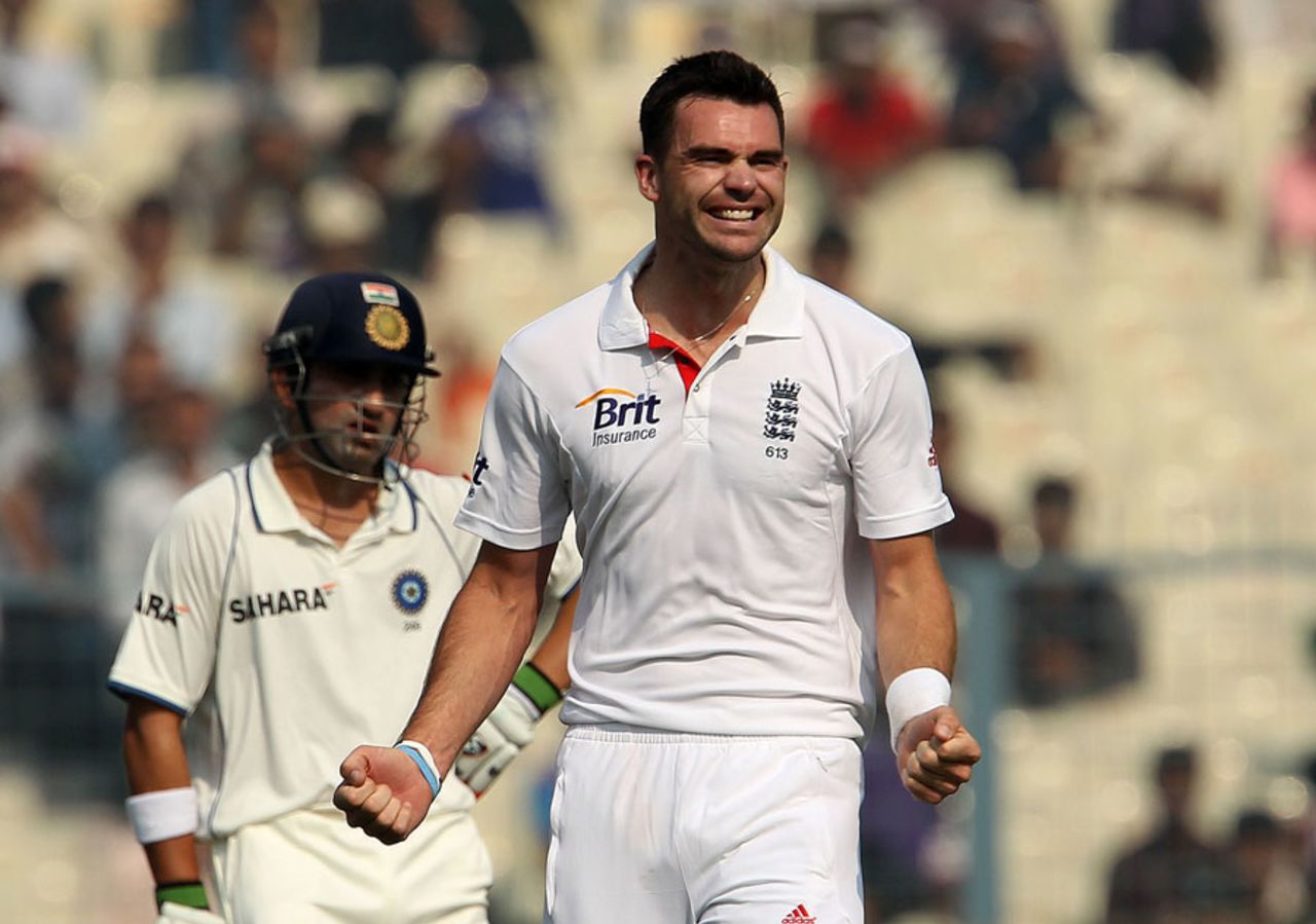 James Anderson celebrates the run-out of Virender Sehwag, India v England, 3rd Test, Kolkata, 1st day, December 5, 2012