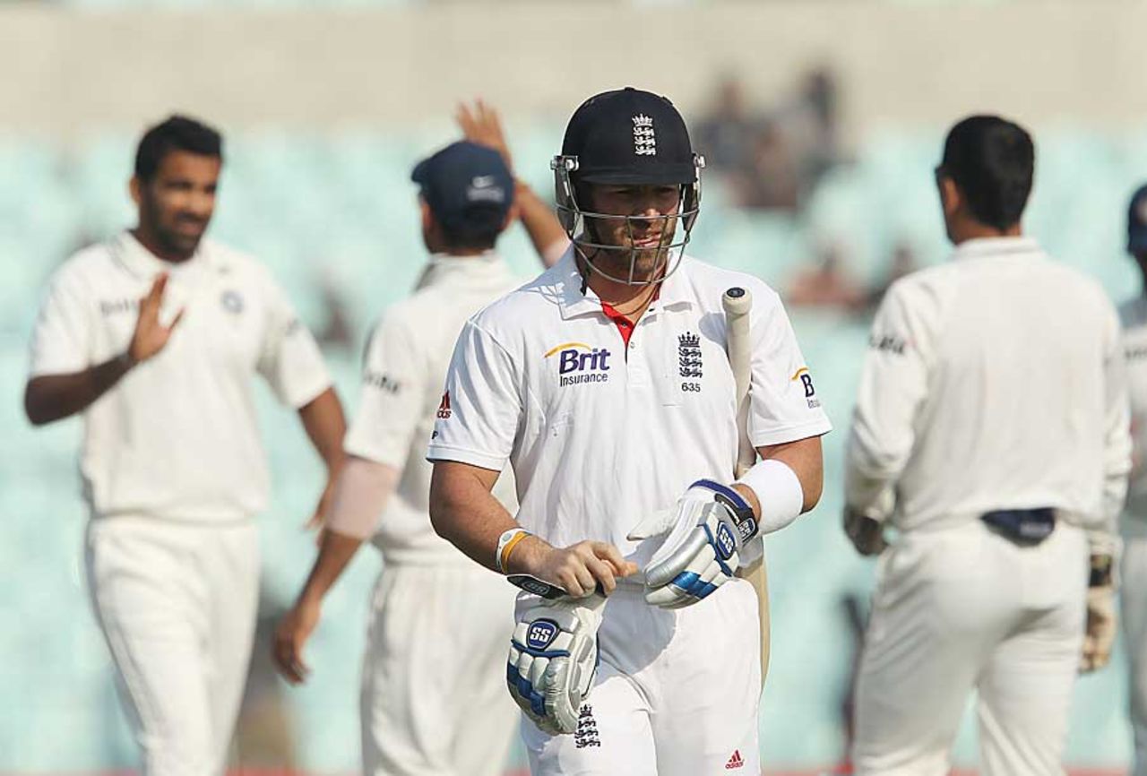 Matt Prior was caught behind off Zaheer Khan, India v England, 3rd Test, Kolkata, 4th day, December 8, 2012