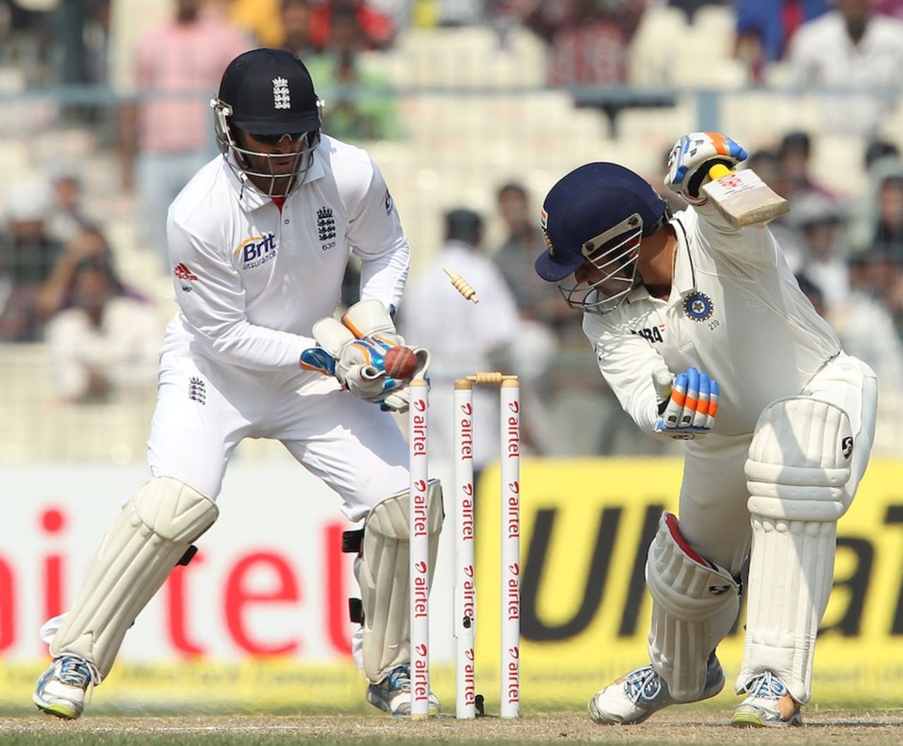 Virender Sehwag looks back at the shattered stumps, India v England, 3rd Test, Kolkata, 4th day, December 8, 2012