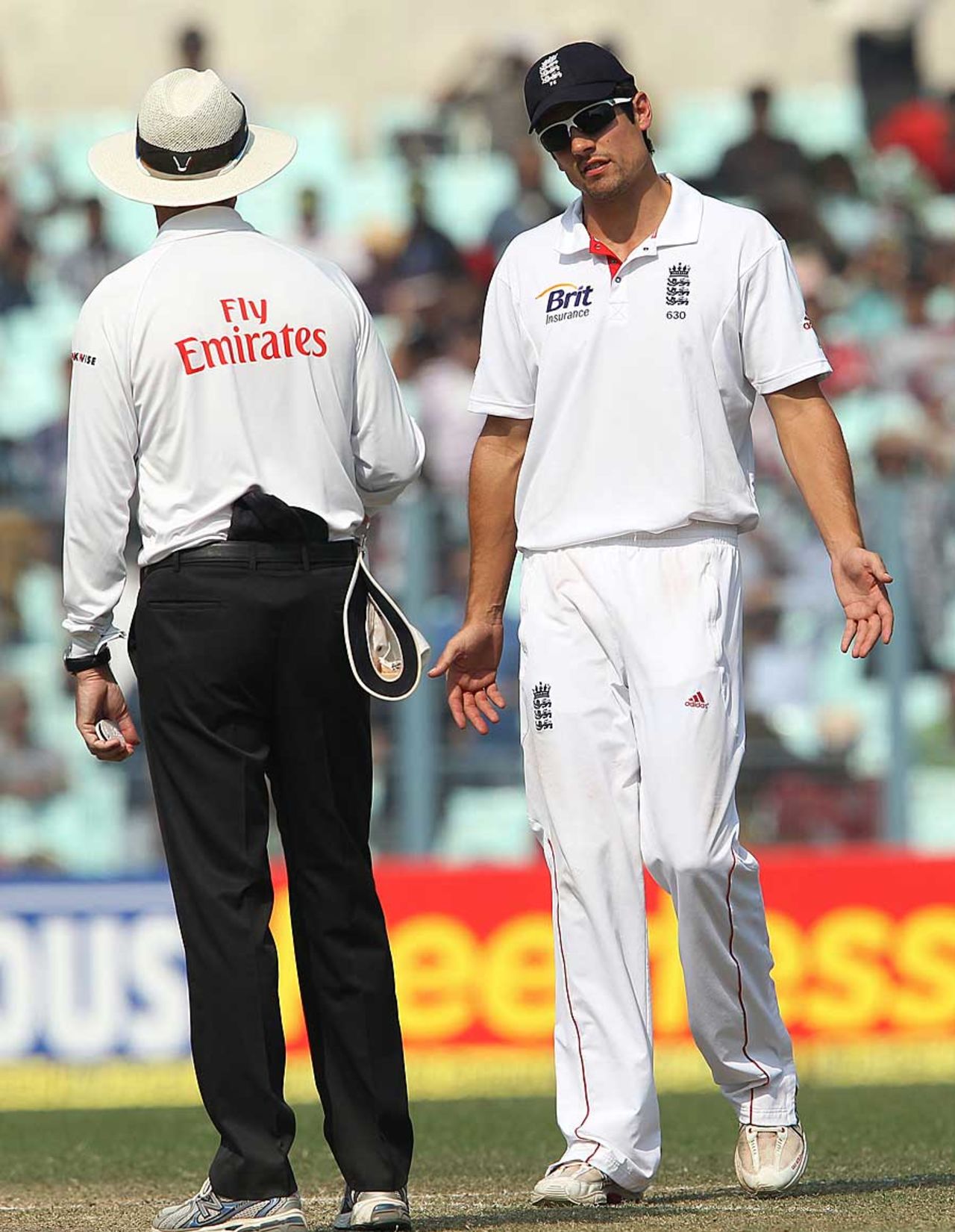 Alastair Cook has a word with the umpire after an appeal against Gautam Gambhir, India v England, 3rd Test, Kolkata, 4th day, December 8, 2012