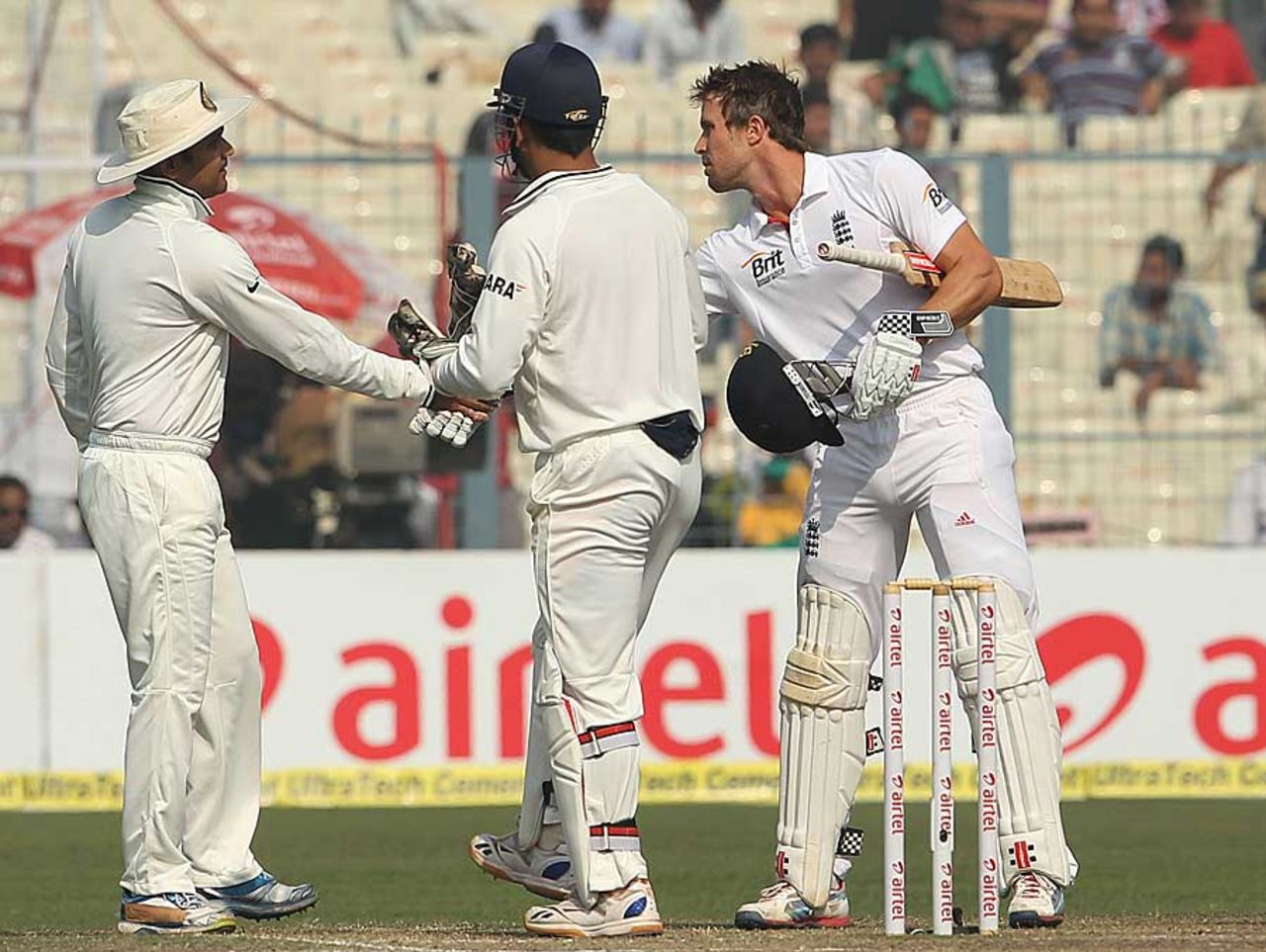 Nick Compton shakes hands with Virender Sehwag after England's win, India v England, 3rd Test, Kolkata, 5th day, December 9, 2012