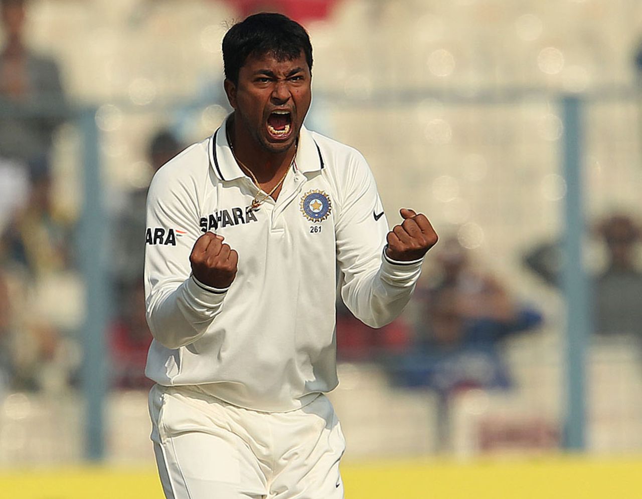 Pragyan Ojha reacts after getting Jonathan Trott out lbw, India v England, 3rd Test, Kolkata, 5th day, December 8, 2012