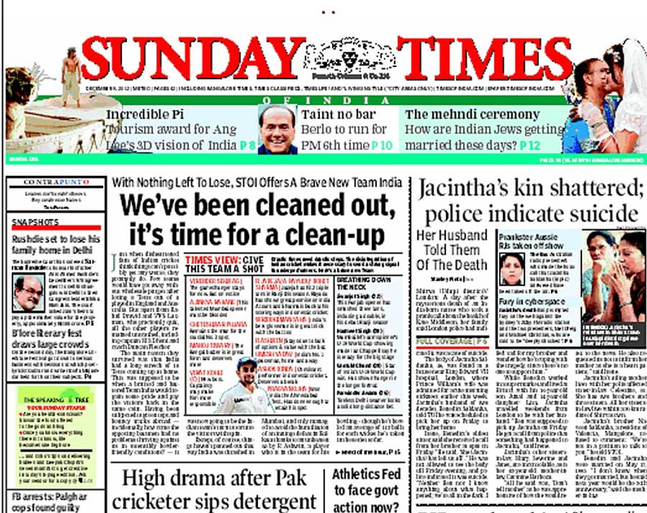 The <i>Sunday Times of India</i>'s front-page headline calling for a shake-up in the Indian team, December 9, 2012