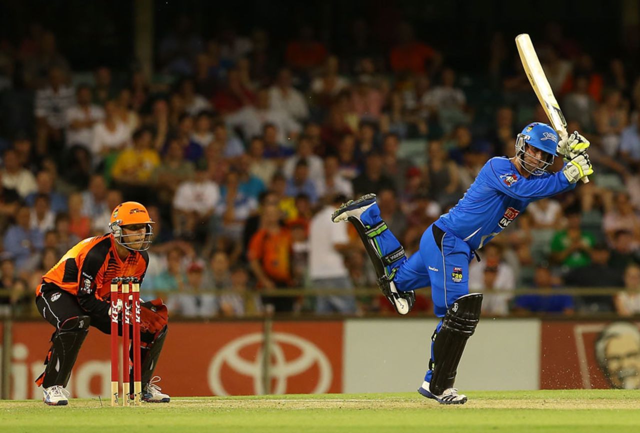 Phillip Hughes plays into the on side on one leg, Perth Scorchers v Adelaide Strikers, BBL, Perth, December 9, 2012