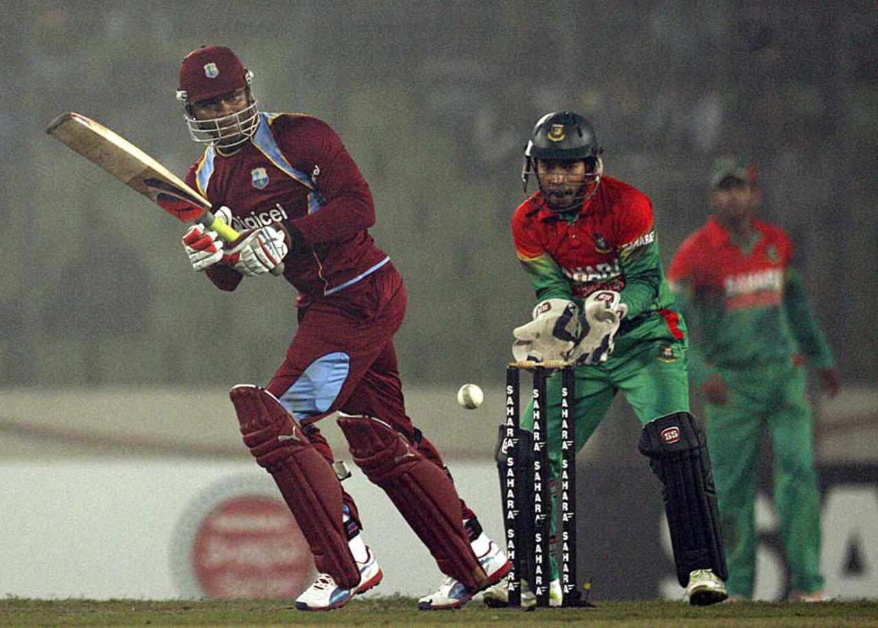 Marlon Samuels drives one through the on side, Bangladesh v West Indies, only Twenty20, Mirpur, December 10, 2011
