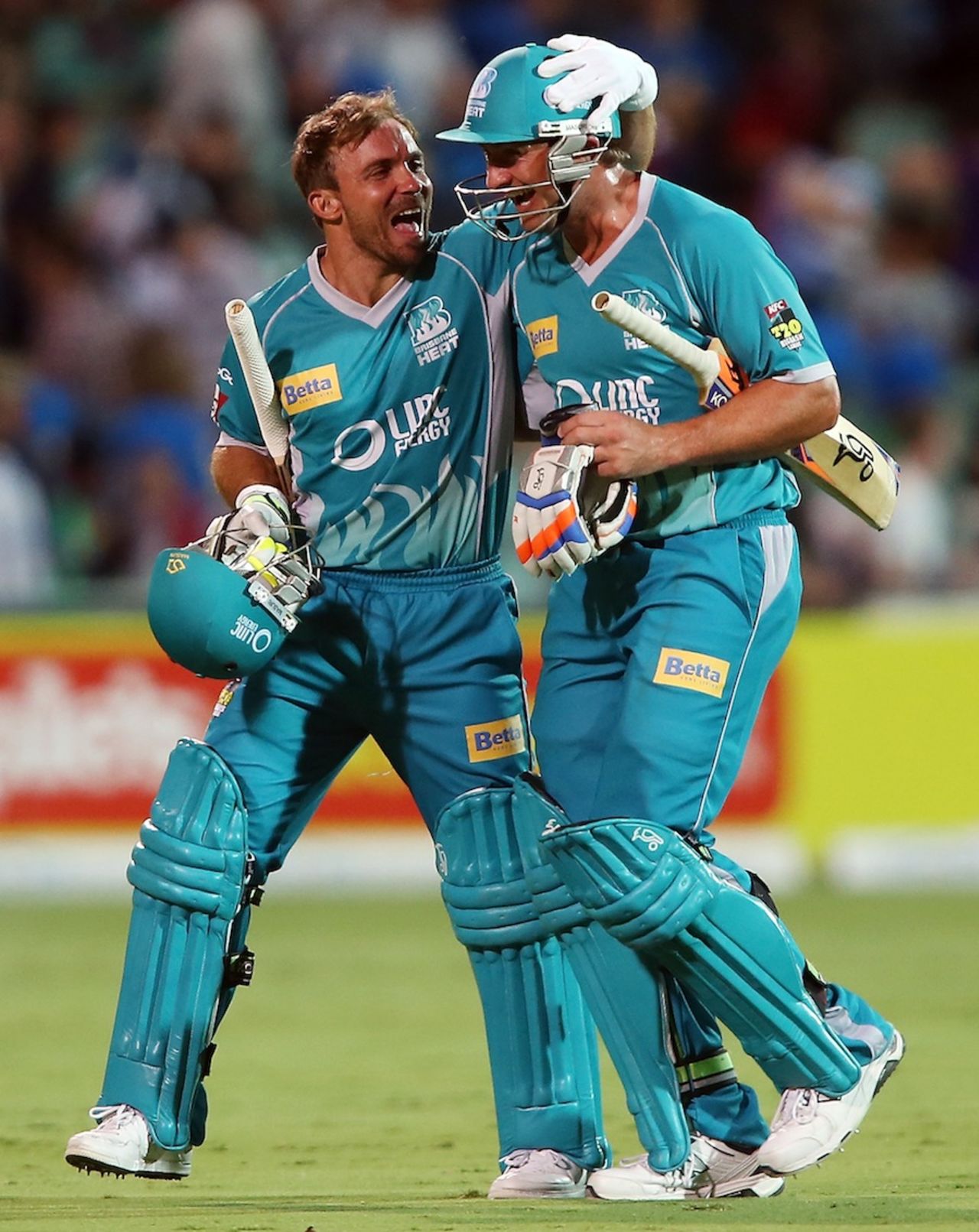 Peter Forrest and Chris Hartley are all smiles after their last-ball win, Adelaide Strikers v Brisbane Heat, Big Bash League, Adelaide, December 13, 2012