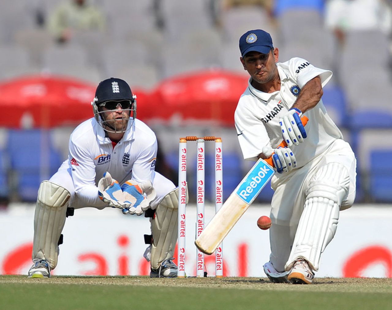 MS Dhoni plays a rare attacking shot, India v England, 4th Test, Nagpur, 3rd day, December 15, 2012