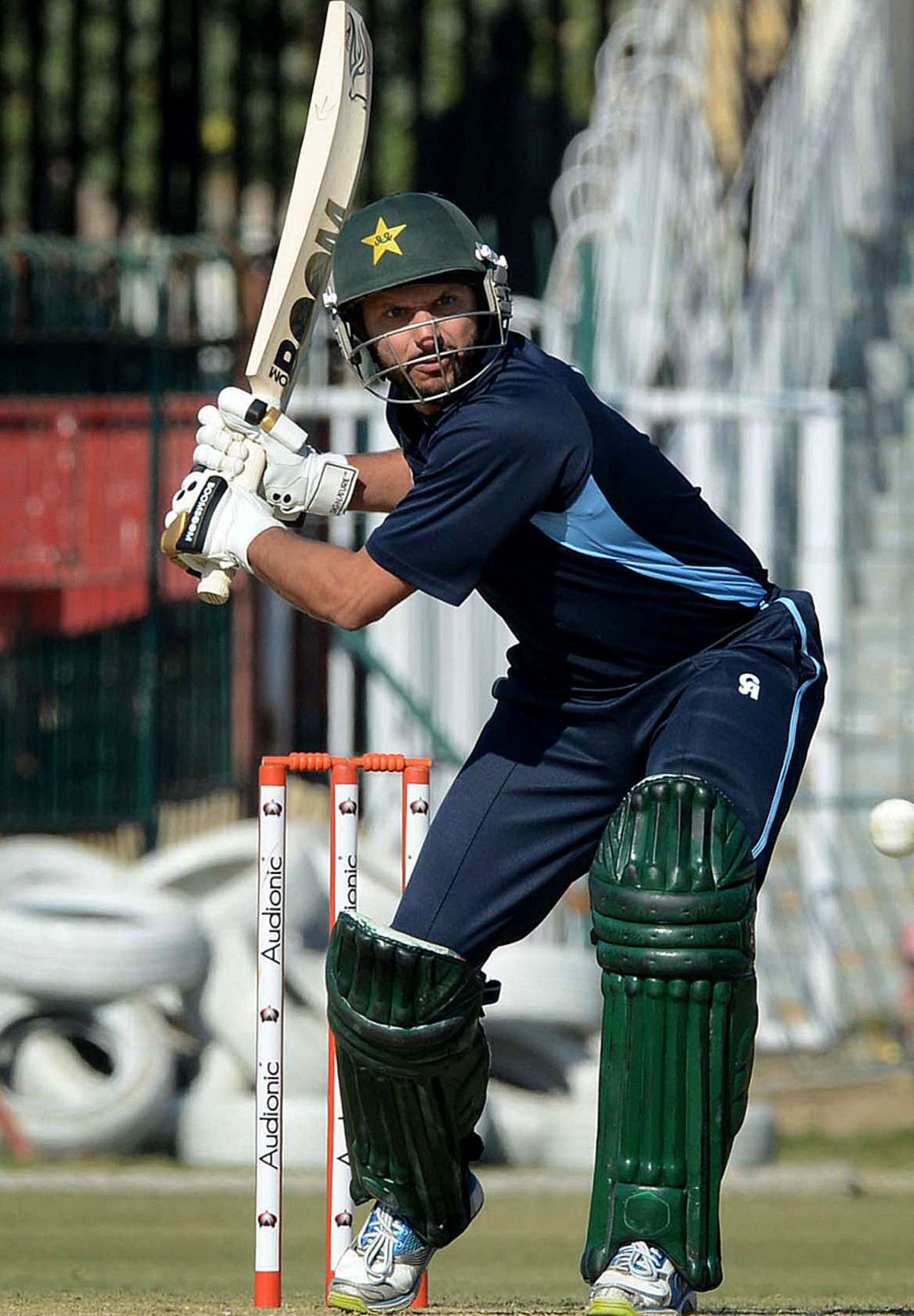 Shahid Afridi goes for a big hit, Lahore, December 19, 2012