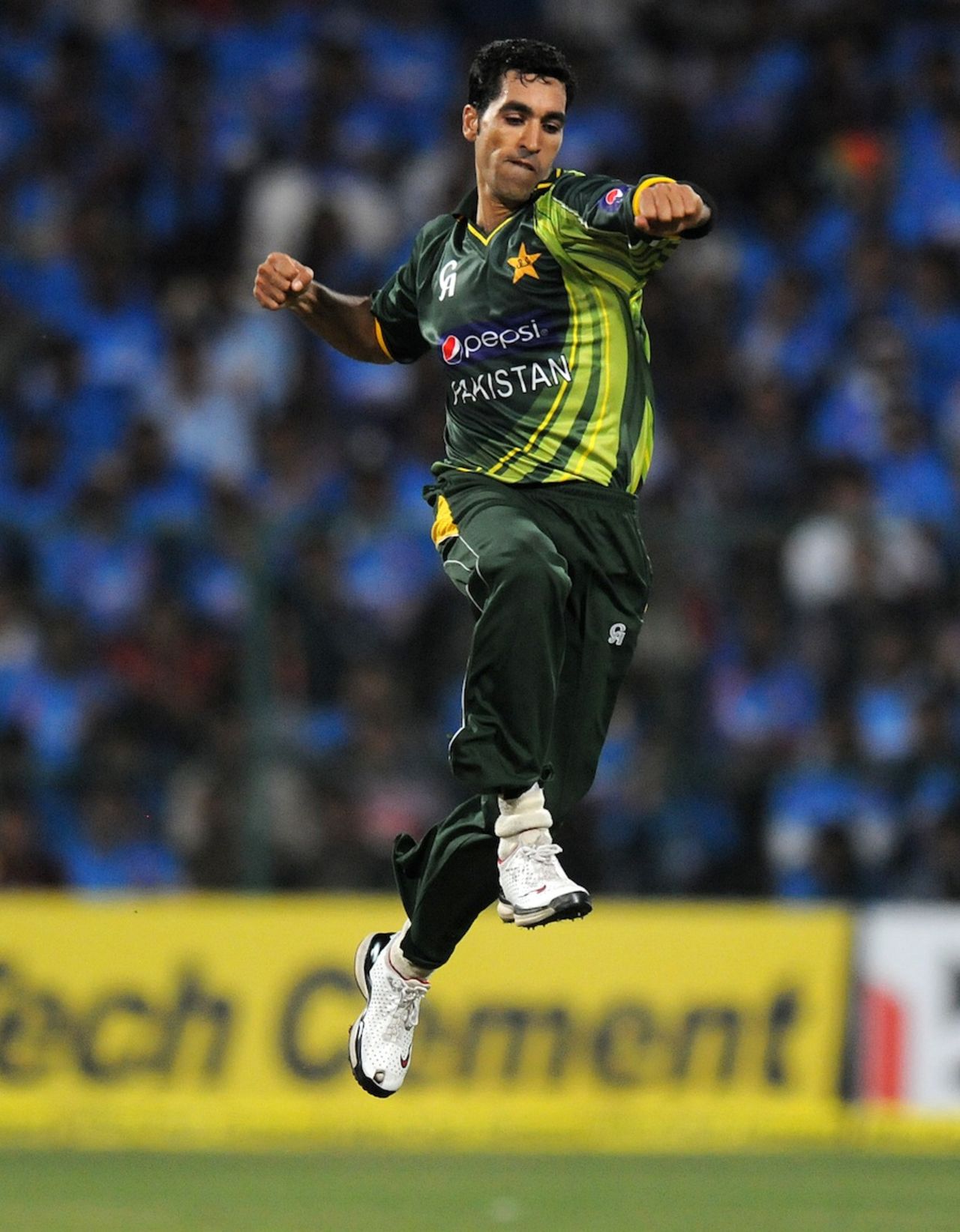 Umar Gul leaps after picking up a wicket, India v Pakistan, 1st T20, Bangalore, December 25, 2012