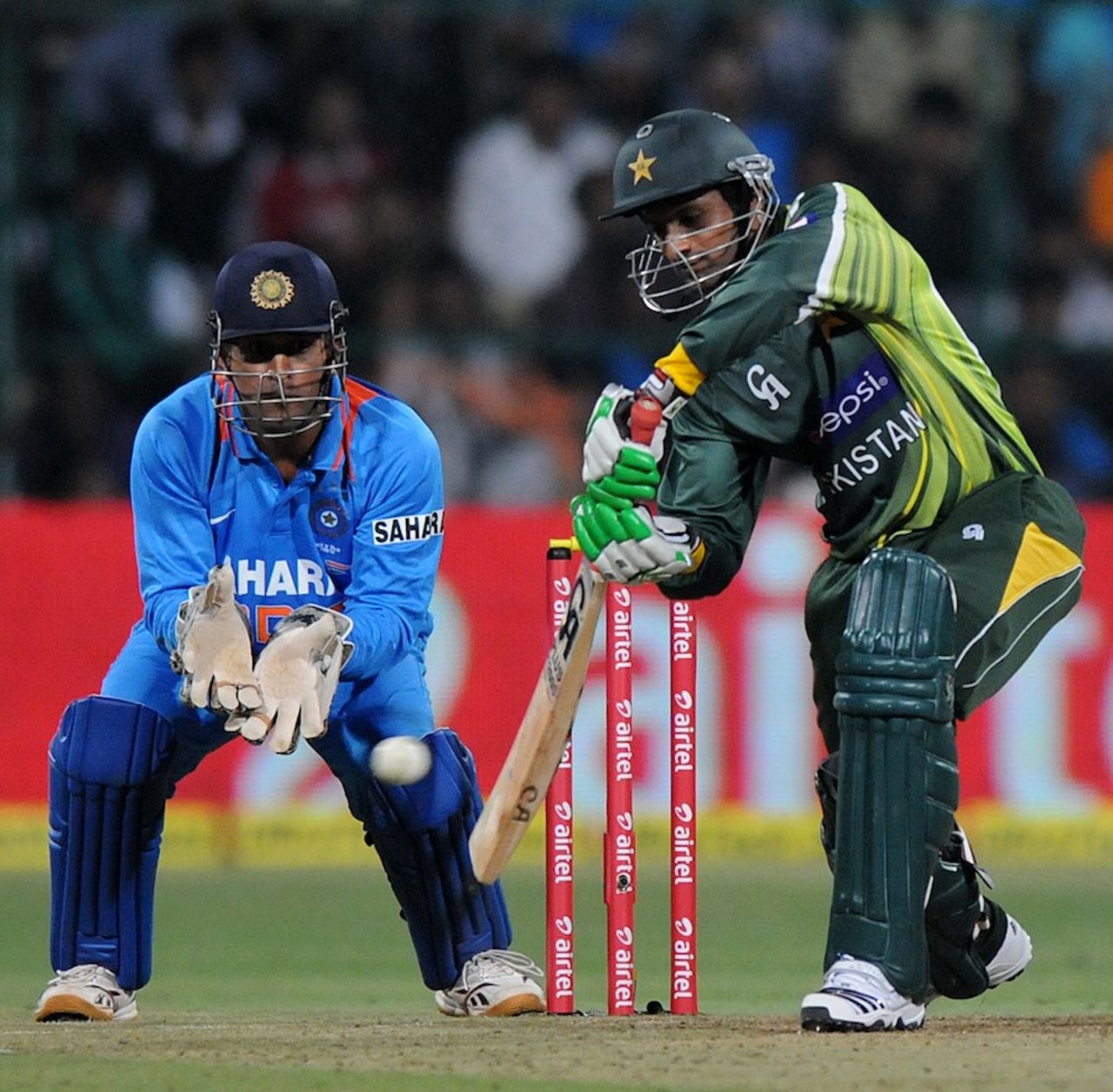 Shoaib Malik drives one square on the off, India v Pakistan, 1st T20, Bangalore, December 25, 2012