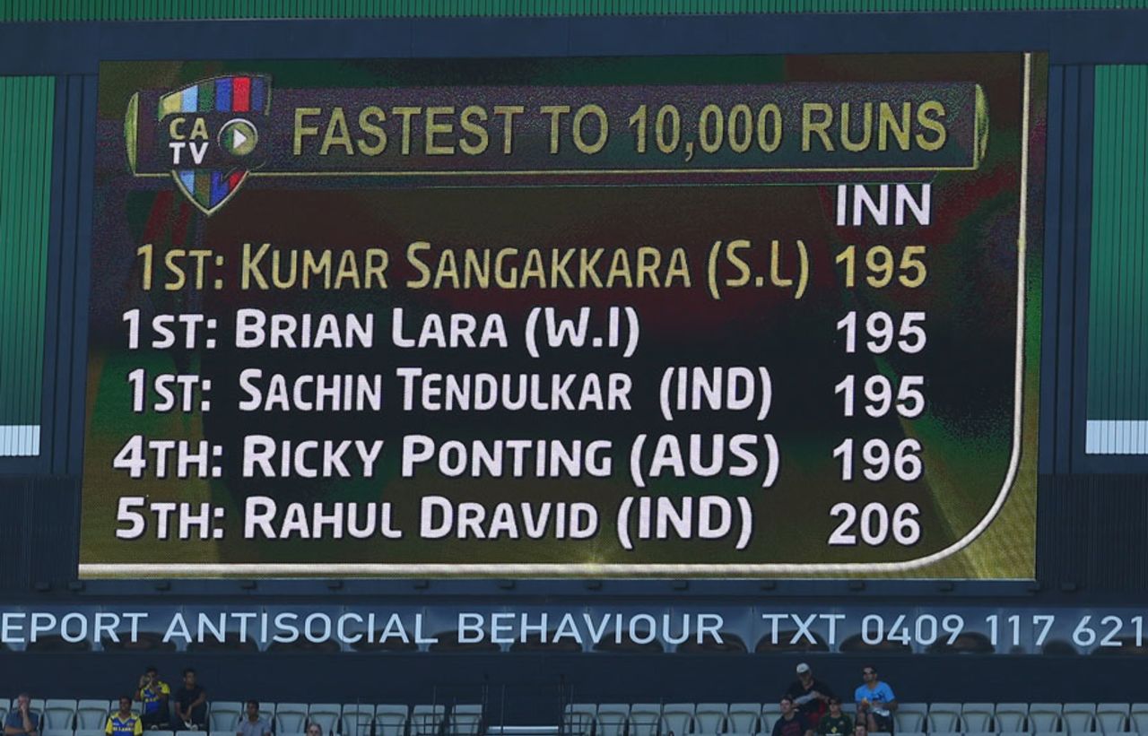 Kumar Sangakkara was joint quickest to 10,000 Test runs, Australia v Sri Lanka, 2nd Test, Melbourne, 1st day, December 26, 2012