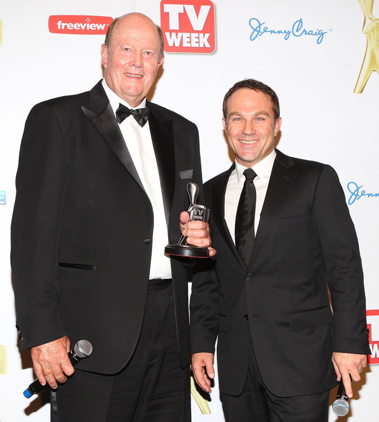 Tony Greig and Michael Slater with their Logie awards at Crown Palladium, Melbourne, May 1, 2011
