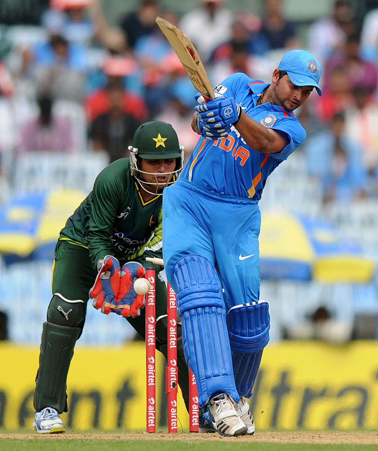 Suresh Raina is bowled by Mohammad Hafeez, India v Pakistan, 1st ODI, Chennai, December 30, 2012