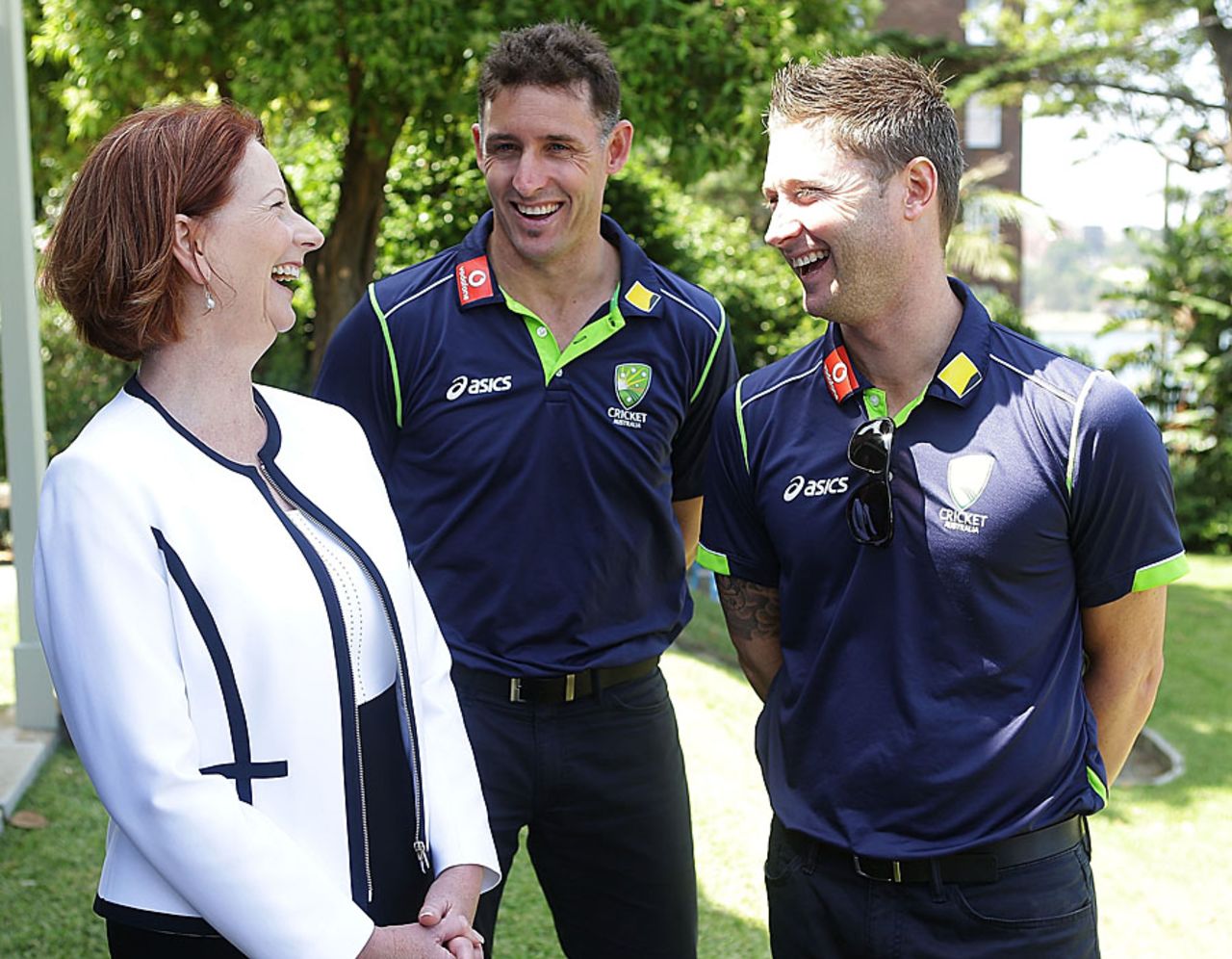 Michael Clarke and Michael Hussey share a laugh with Australian prime minister Julia Gillard, Sydney, January 1, 2013