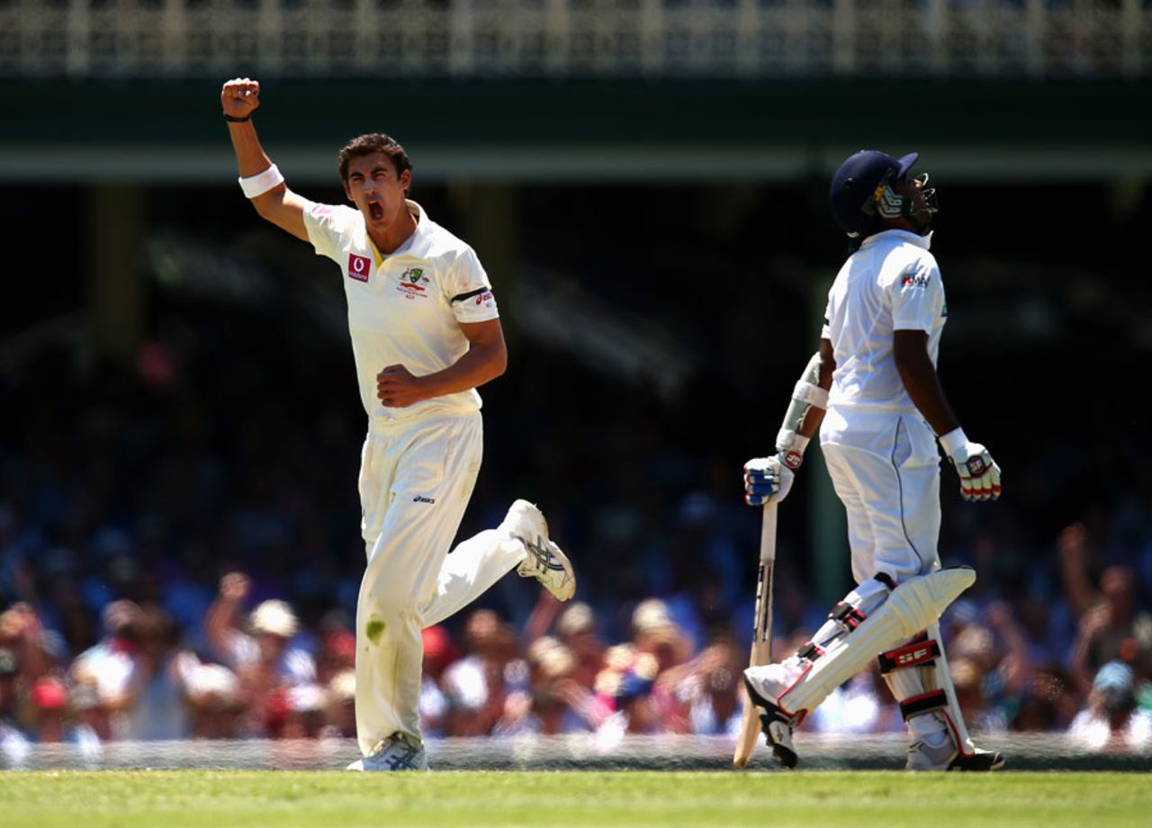 Mitchell Starc removed a well-set Mahela Jayawardene, Australia v Sri Lanka, 3rd Test, Sydney, 1st day, January 3, 2013