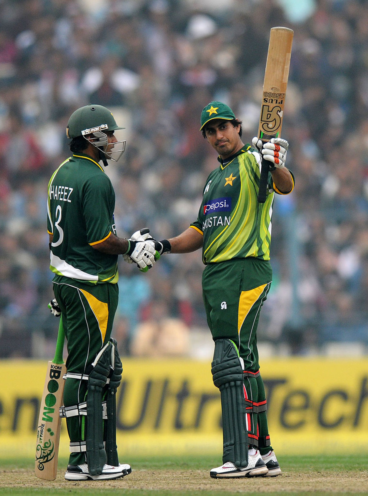 Nasir Jamshed celebrates a second successive ton in the series, India v Pakistan, 2nd ODI, Kolkata, January 3, 2013