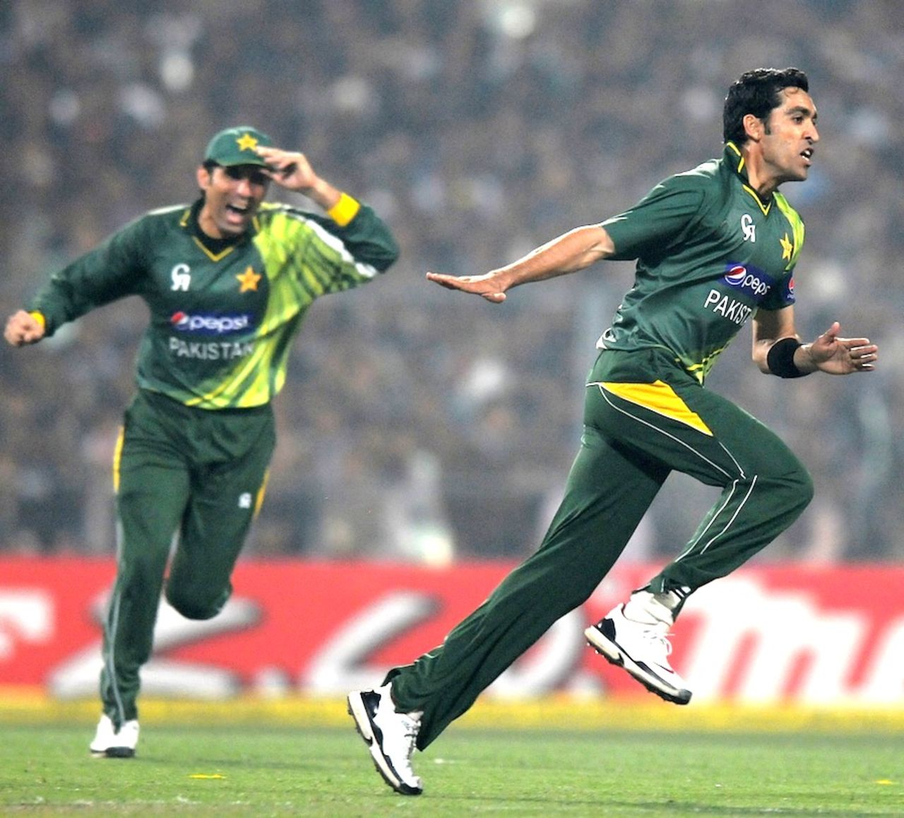 Umar Gul takes off after picking up the wicket of Virender Sehwag, India v Pakistan, 2nd ODI, Kolkata, January 3, 2013